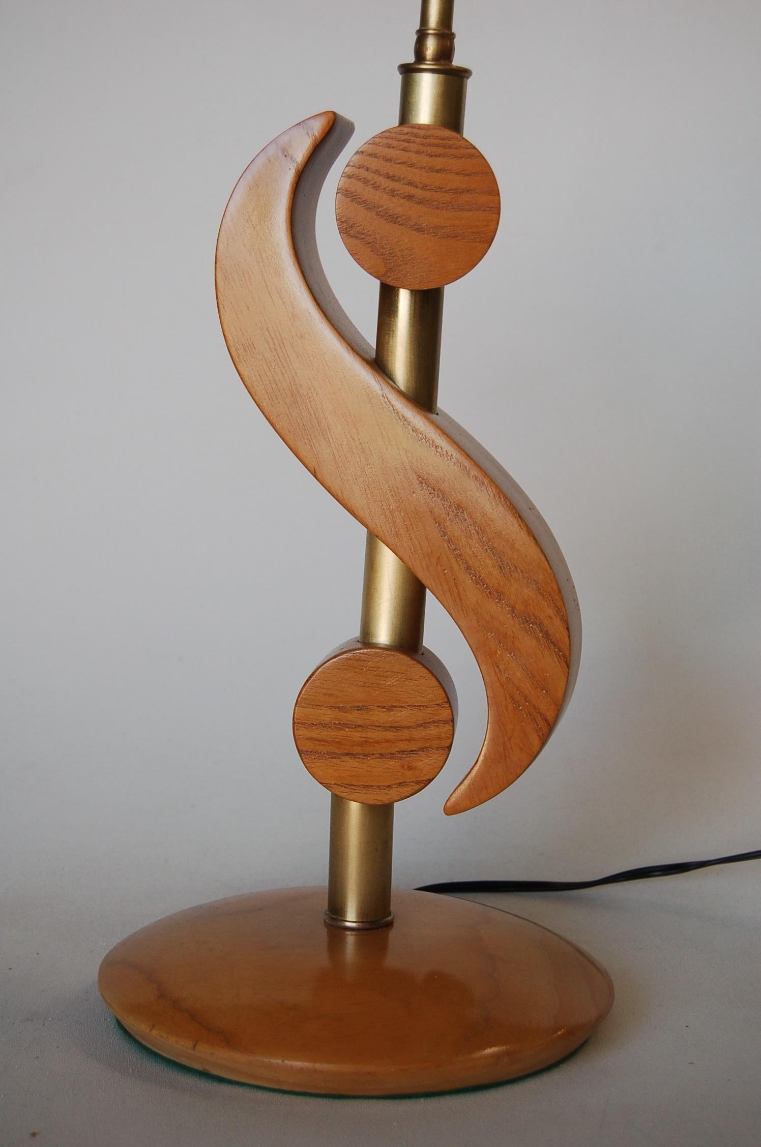 American Carved Oak and Brass Biomorphic Modernist Table Lamp, Pair For Sale