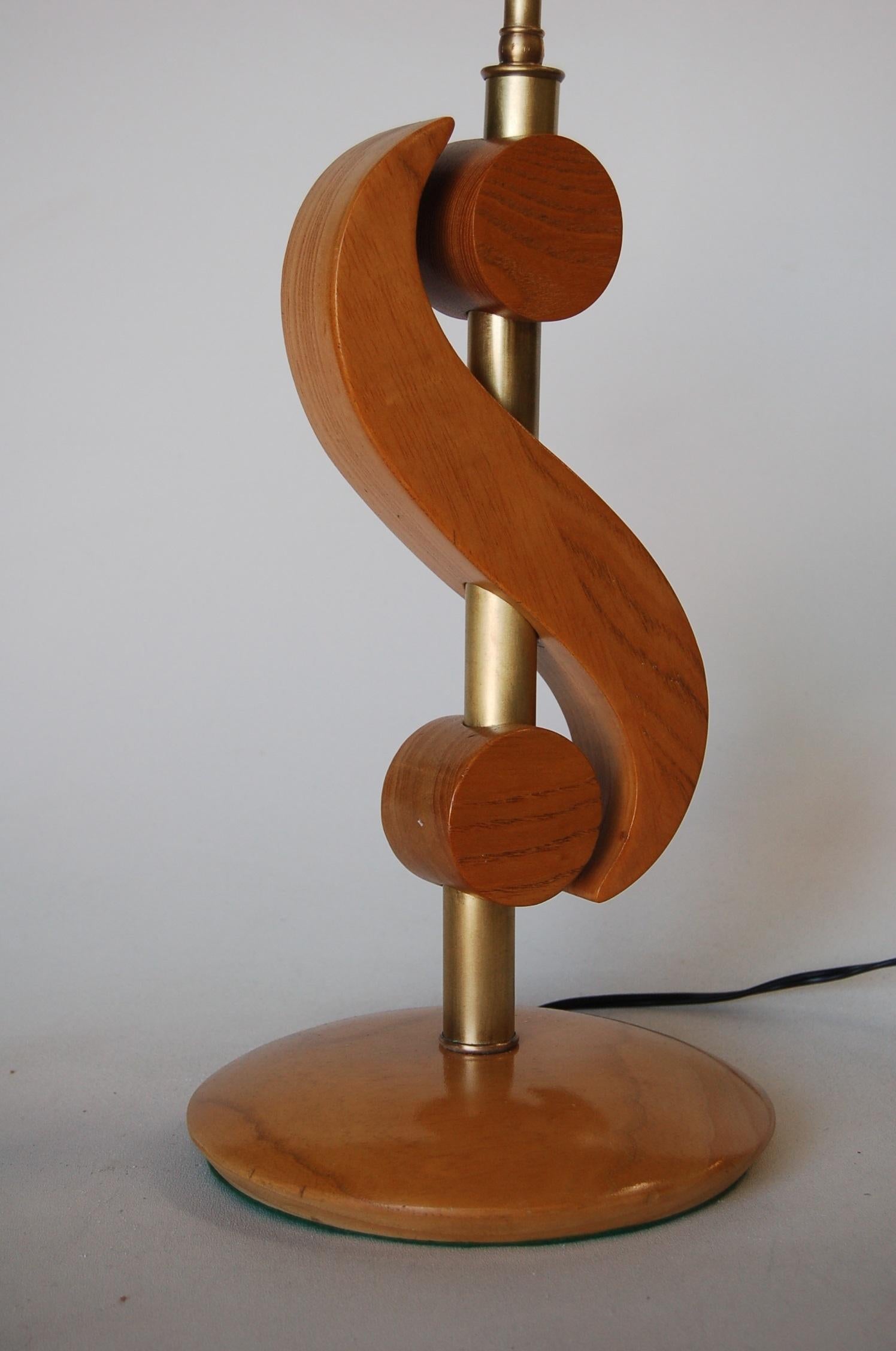 Carved Oak and Brass Biomorphic Modernist Table Lamp, Pair In Excellent Condition For Sale In Van Nuys, CA