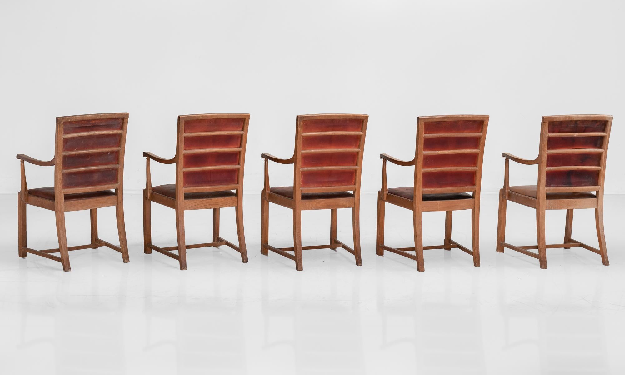 English Carved Oak and Leather Dining Chairs, England, circa 1930
