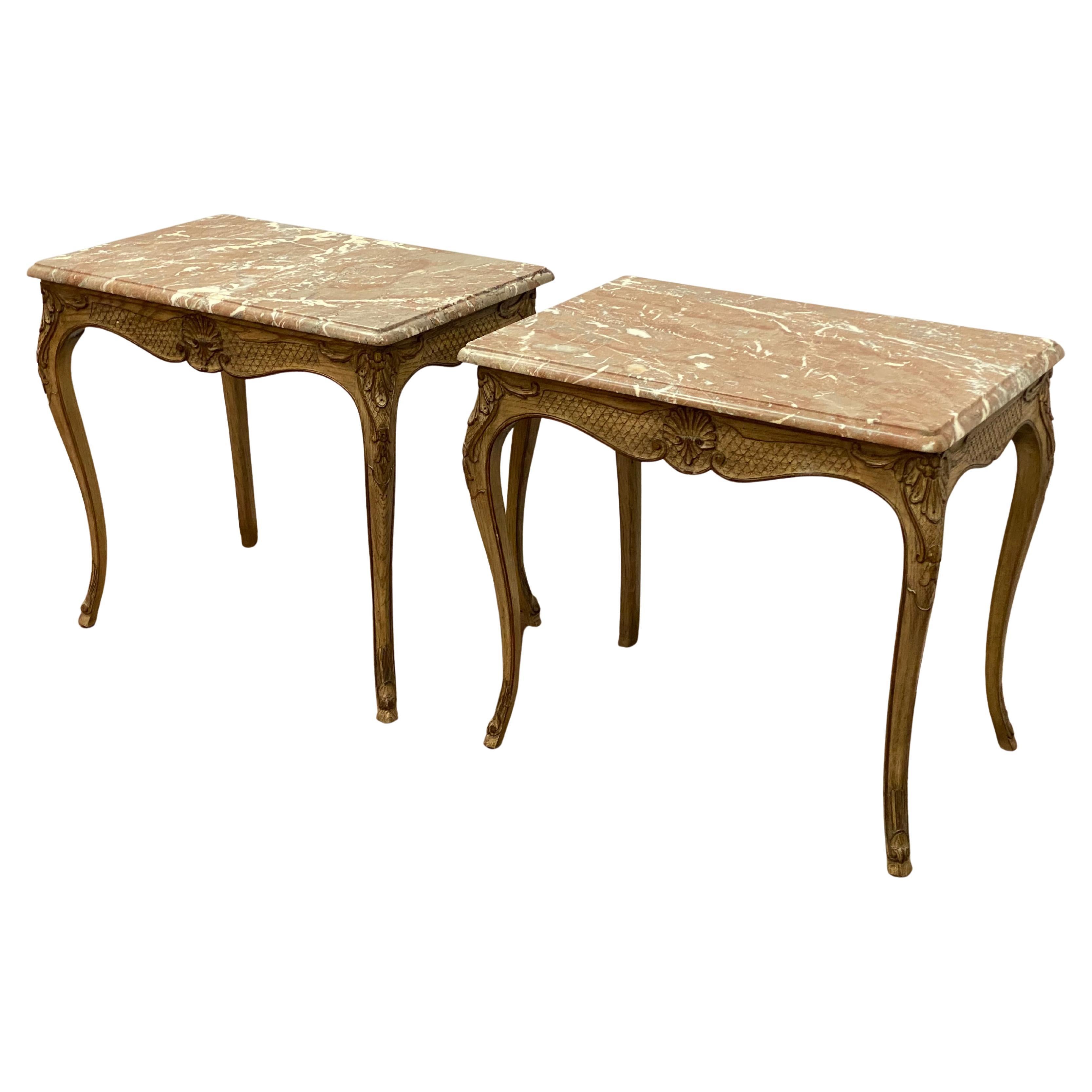 Carved Oak and Marble Louis XV Style End Tables, A Pair