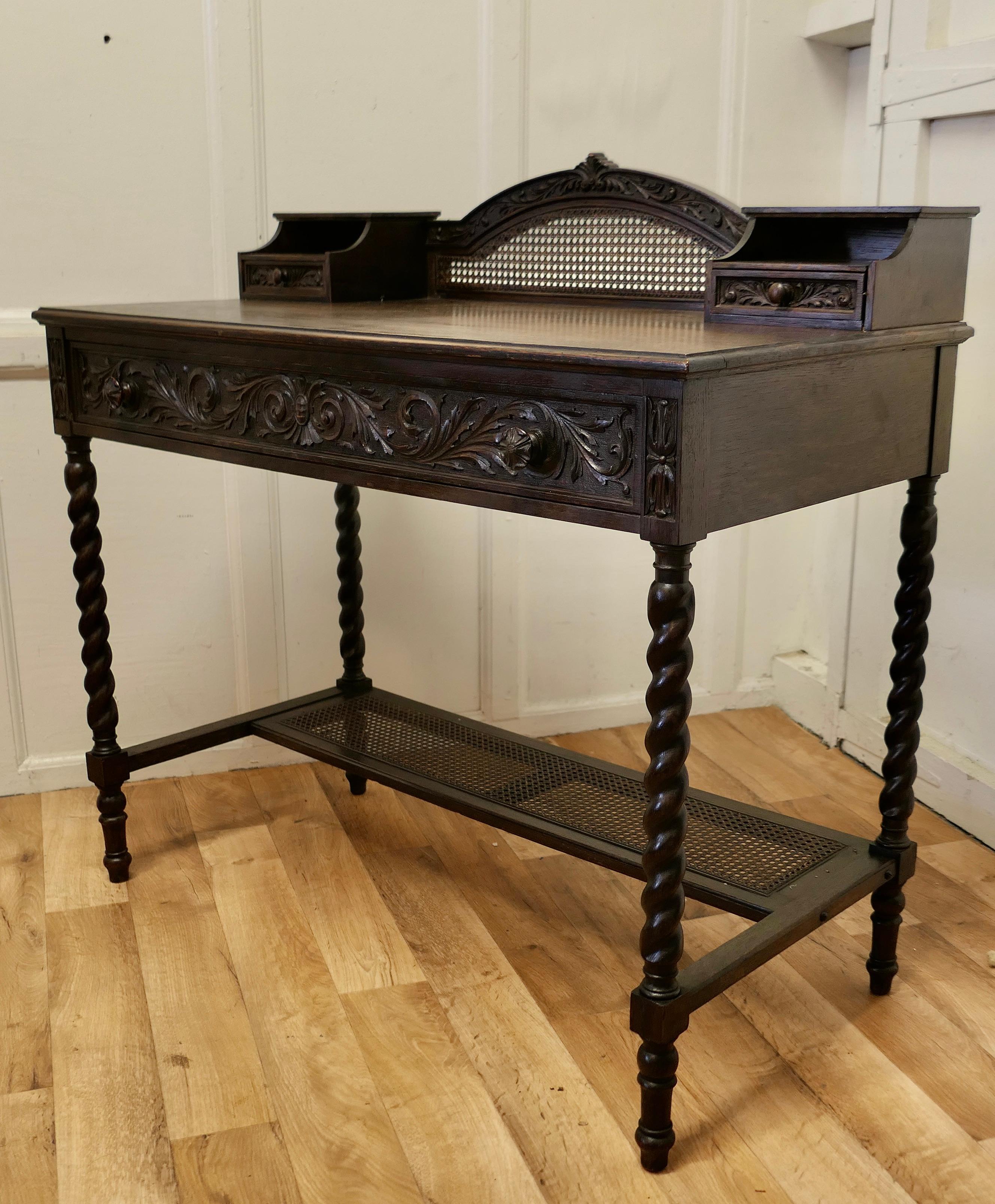 19th Century Carved Oak and Rattan Reception Desk For Sale