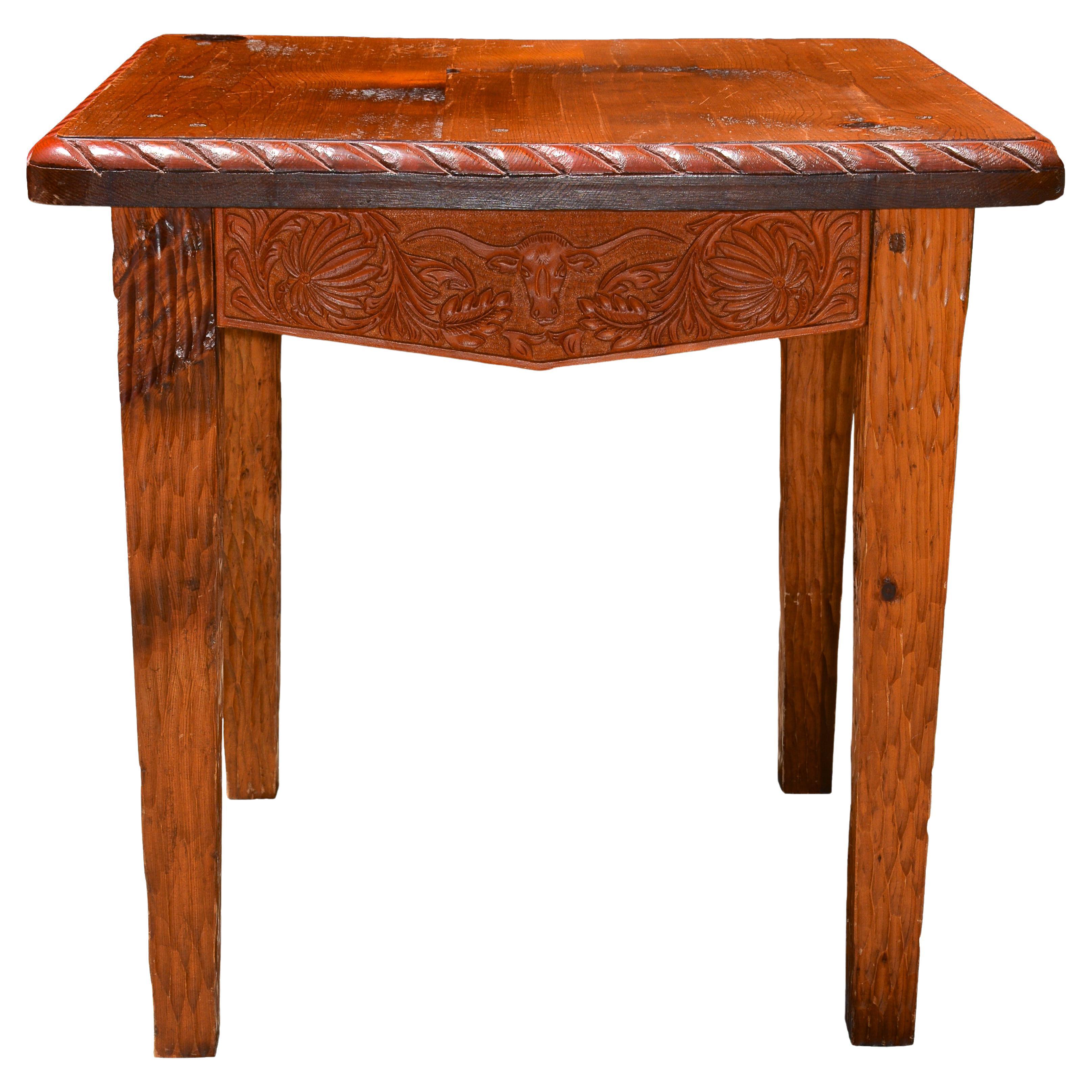 Carved Oak and Tooled Leather Table by Milo Marks For Sale
