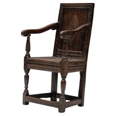Antique Carved Oak Armchair, England, 17th Century