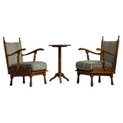 Carved Oak Armchairs in Christopher Farr Fabric, France circa 1960