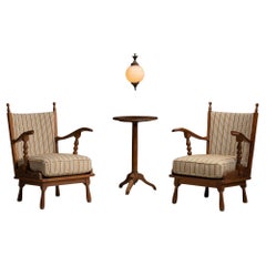 Carved Oak Armchairs in Christopher Farr Fabric, France circa 1960