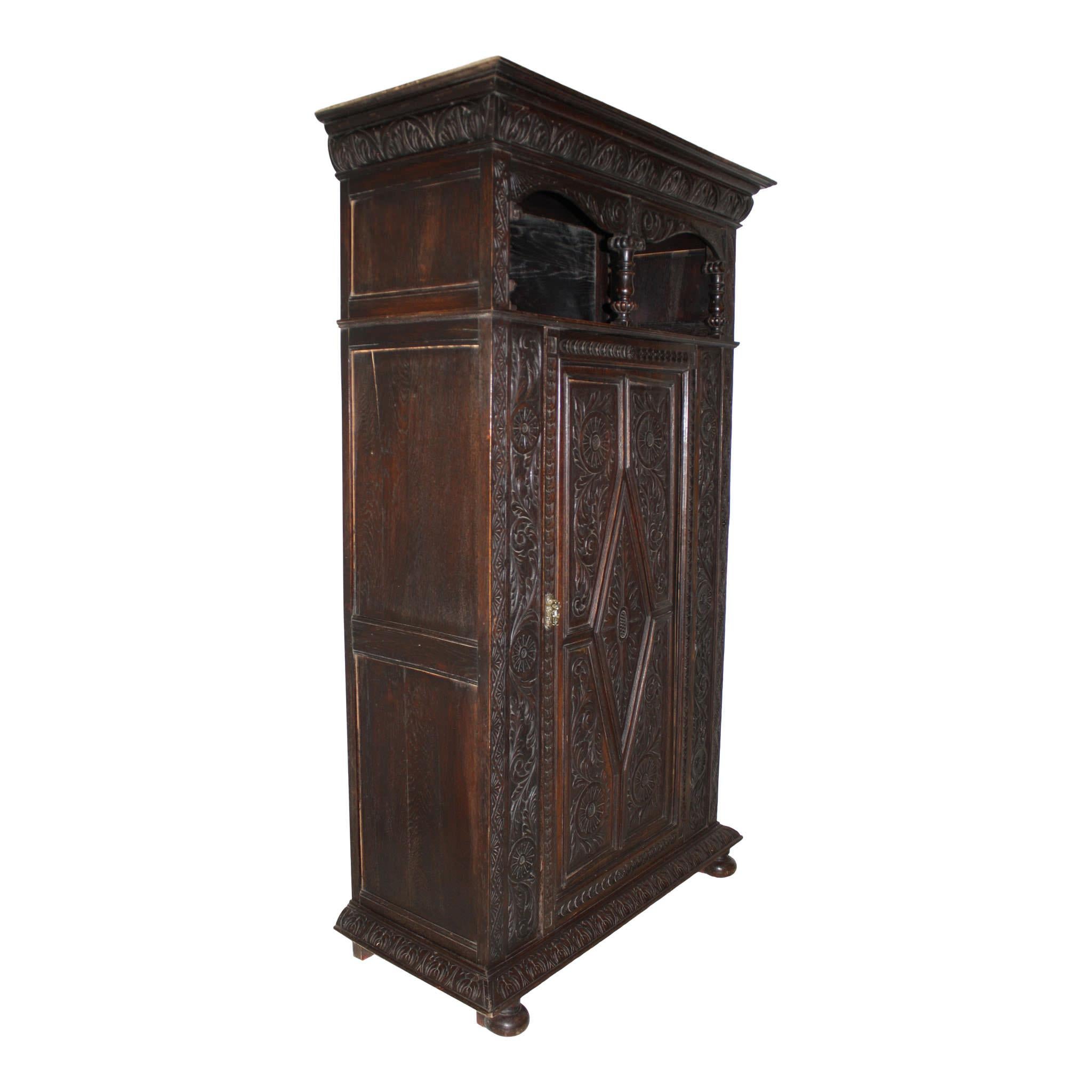 European Carved Oak Armoire Cabinet, circa 1880 For Sale