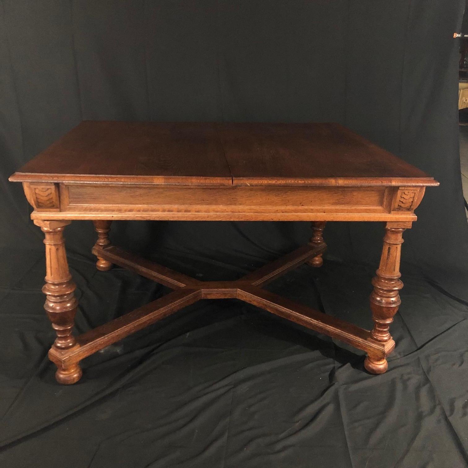 Carved Oak Arts & Crafts Art Deco French Expandable Dining Table For Sale 3