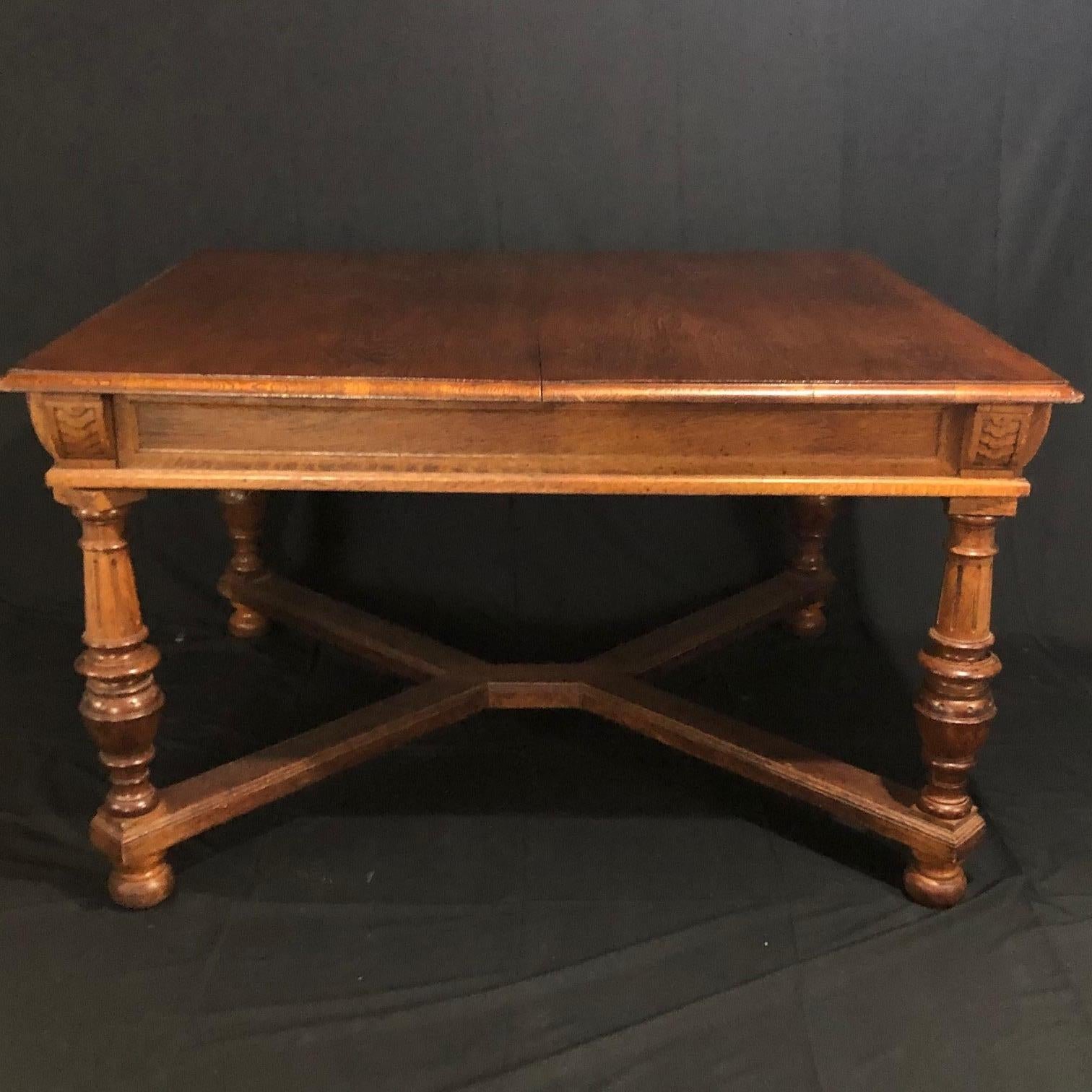 Arts and Crafts Carved Oak Arts & Crafts Art Deco French Expandable Dining Table For Sale