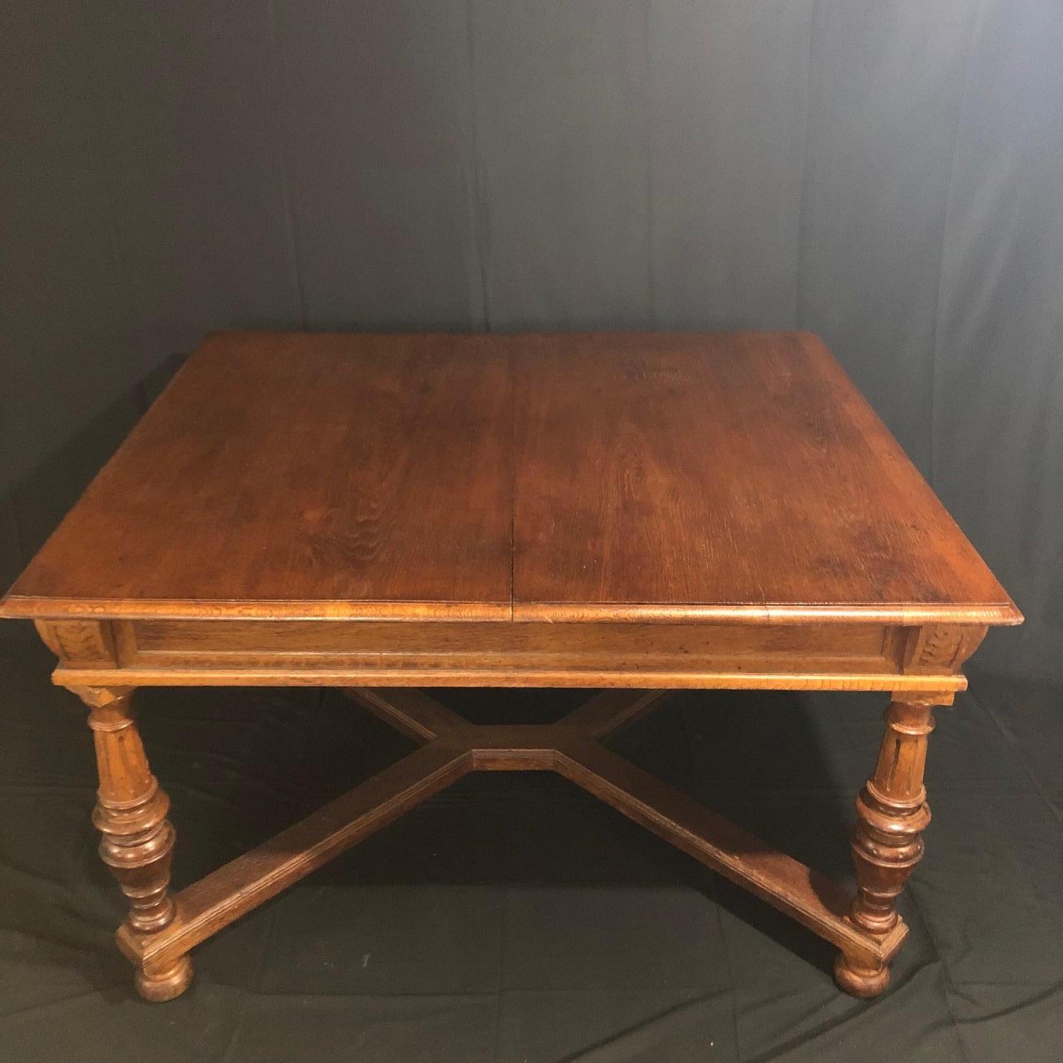 North American Carved Oak Arts & Crafts Art Deco French Expandable Dining Table For Sale