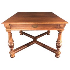 Mesa de comedor extensible francesa Art Decó Arts & Crafts de roble tallado