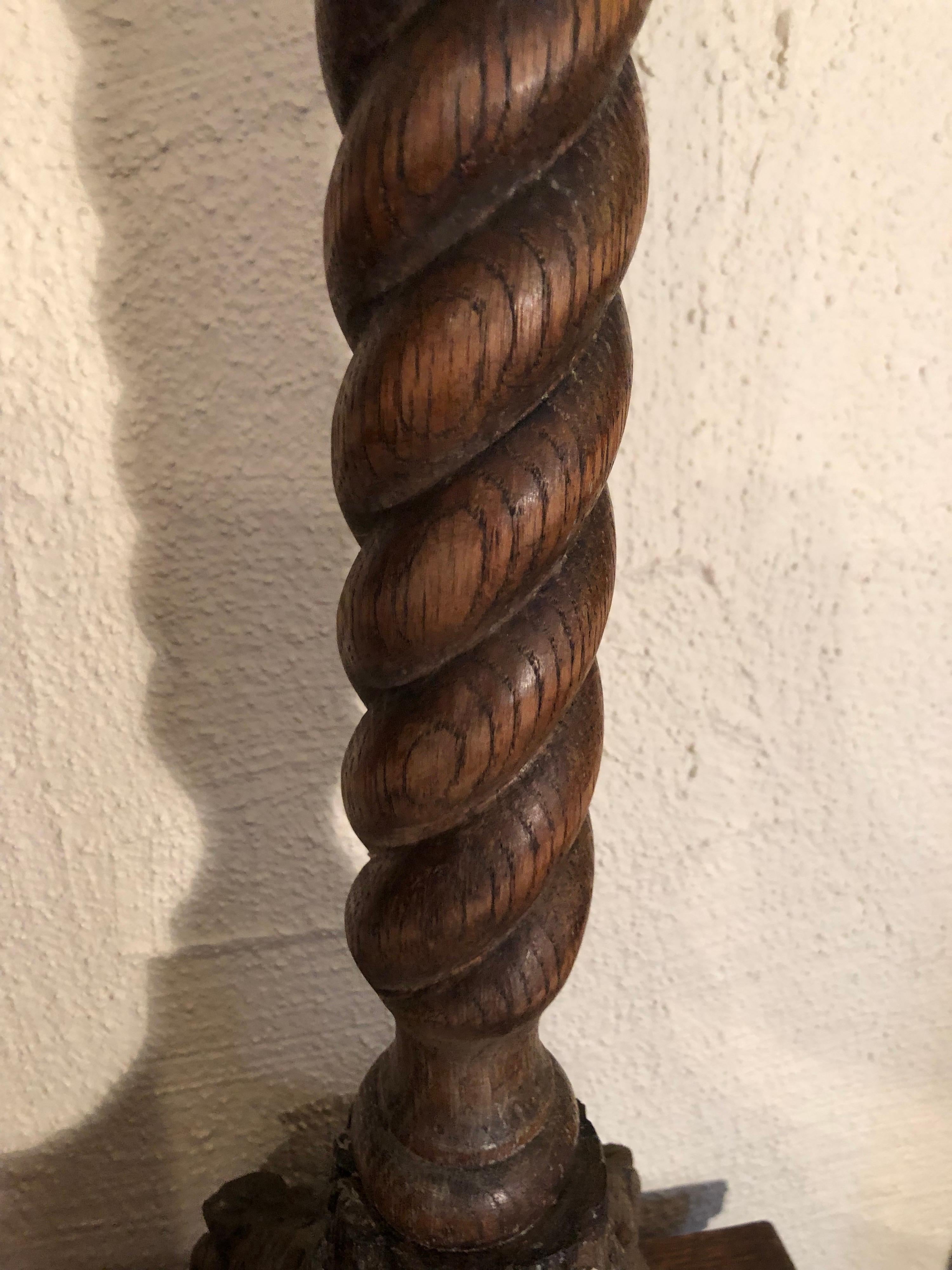 Sold-Carved Oak Barley Twist Candlestick For Sale 5