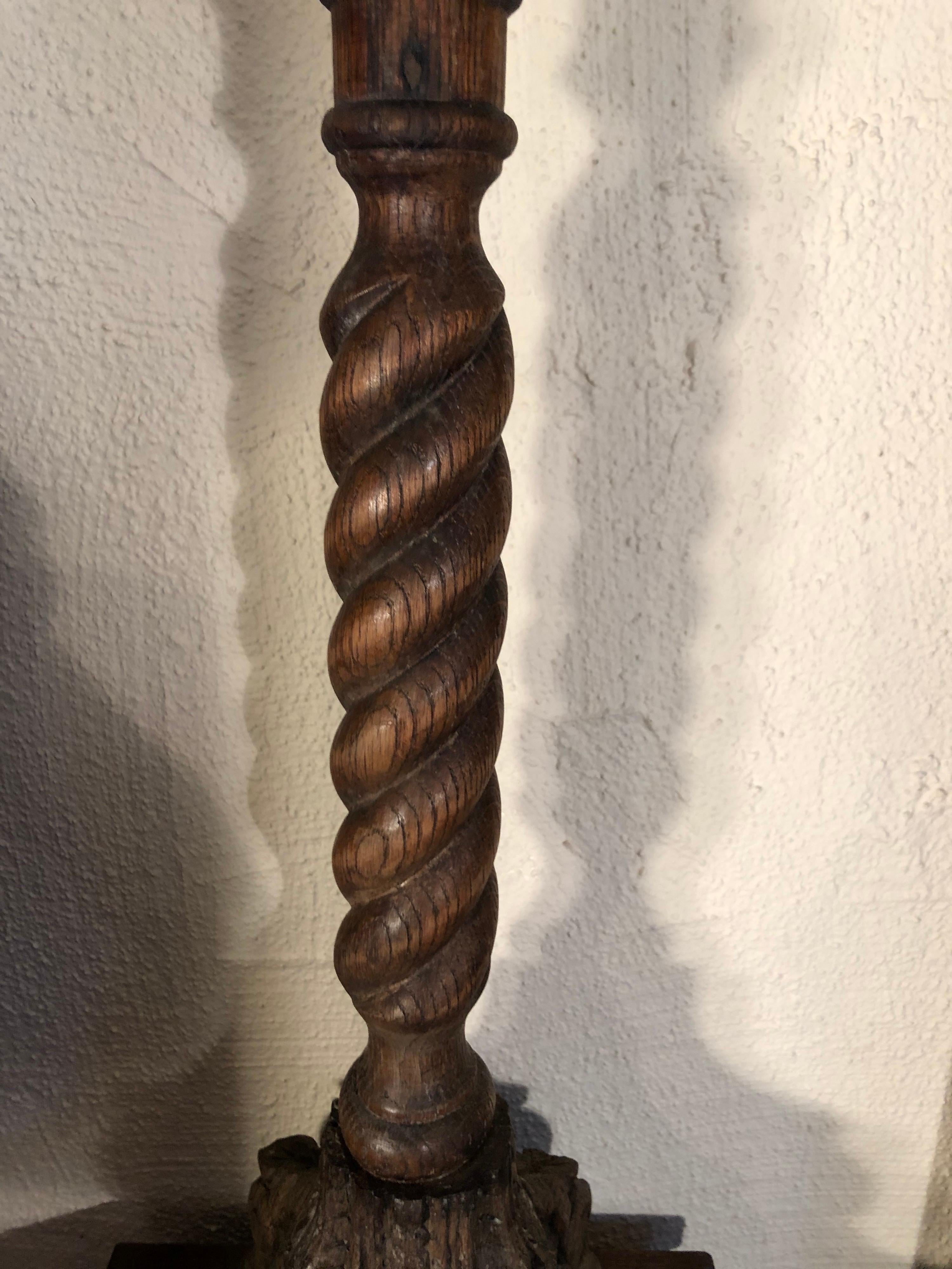 Sold-Carved Oak Barley Twist Candlestick For Sale 7