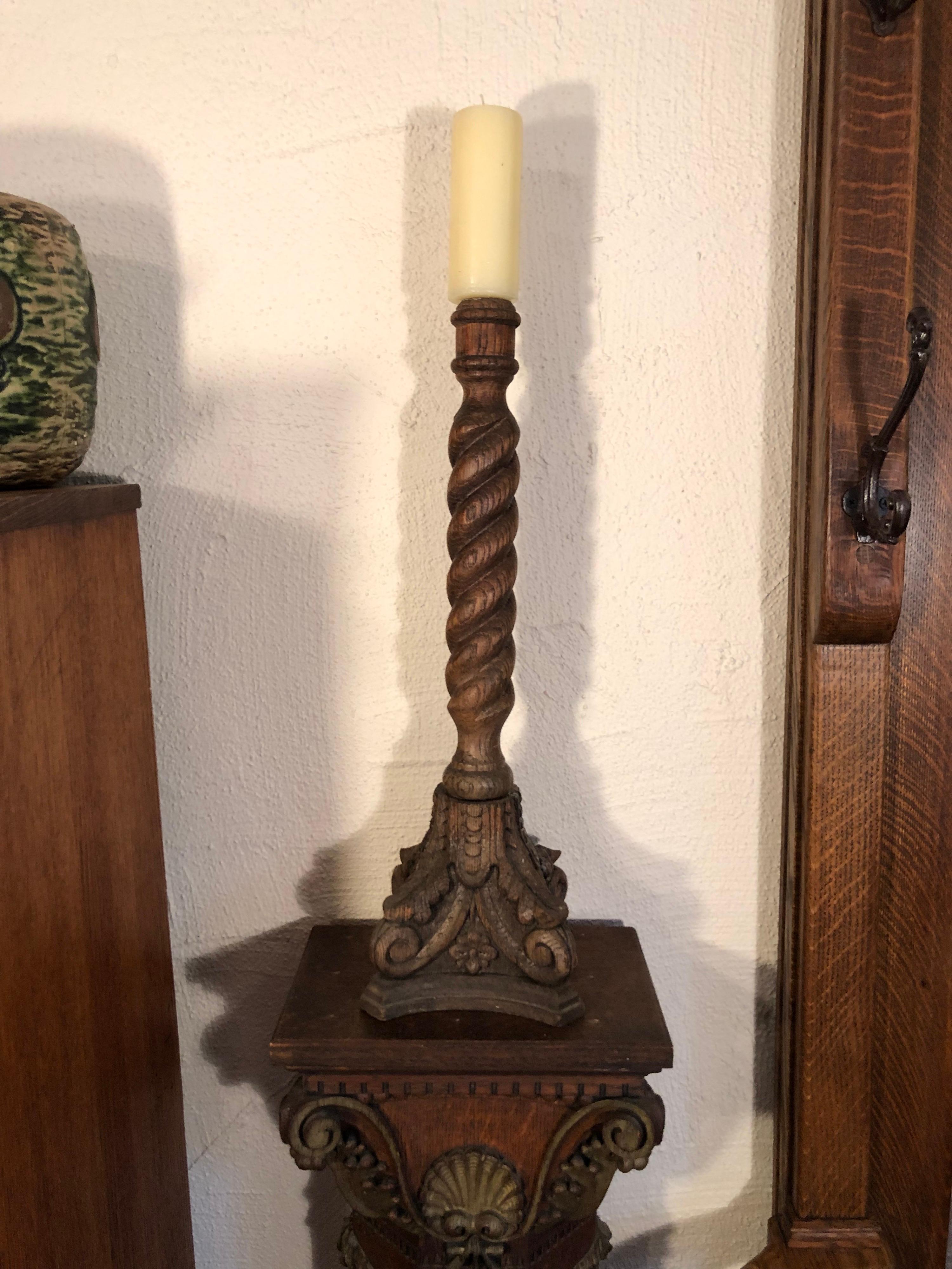 Sold-Carved Oak Barley Twist Candlestick For Sale 11