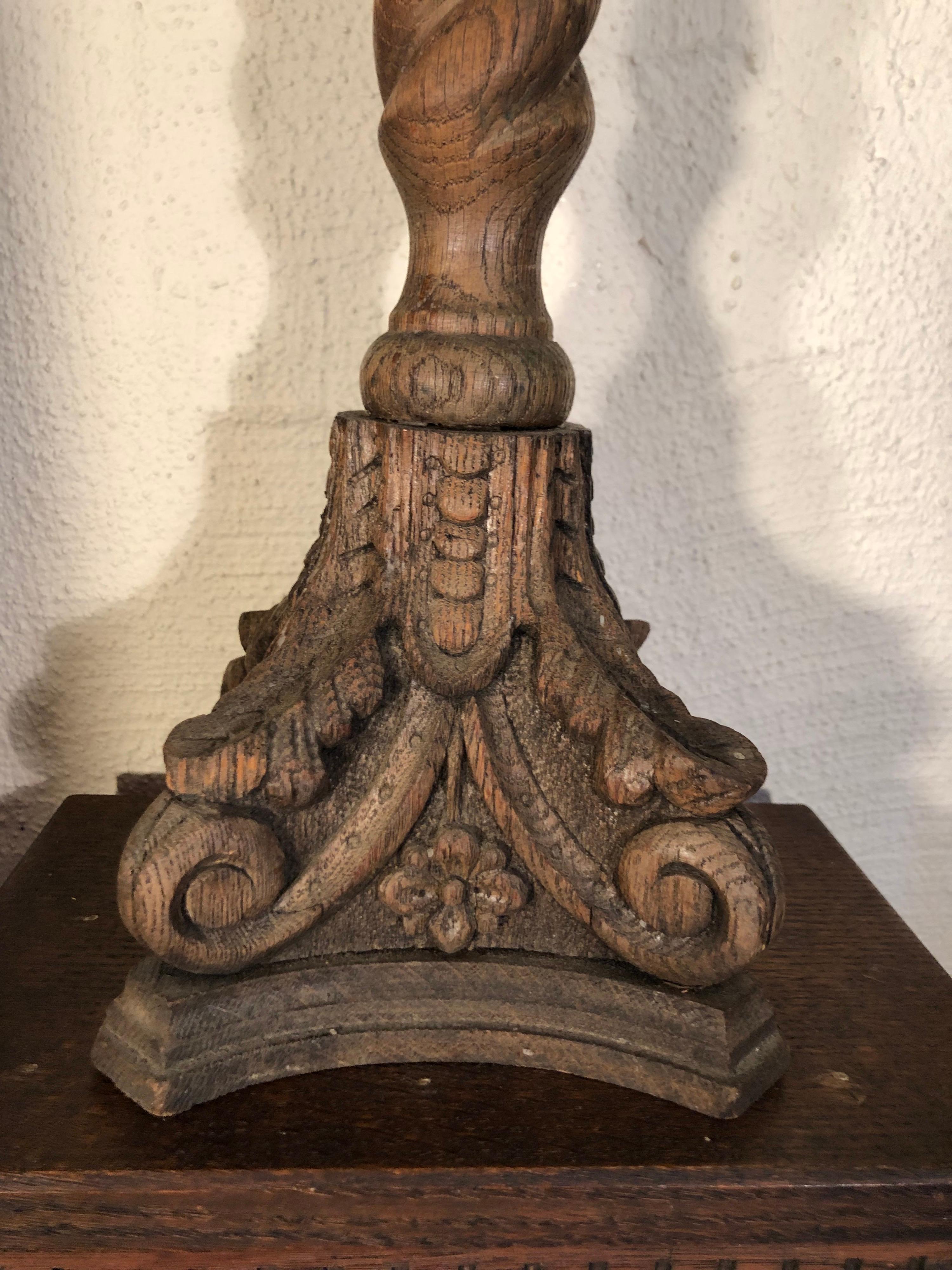 Carved Oak Barley Twist Candlestick In Good Condition In Redding, CT