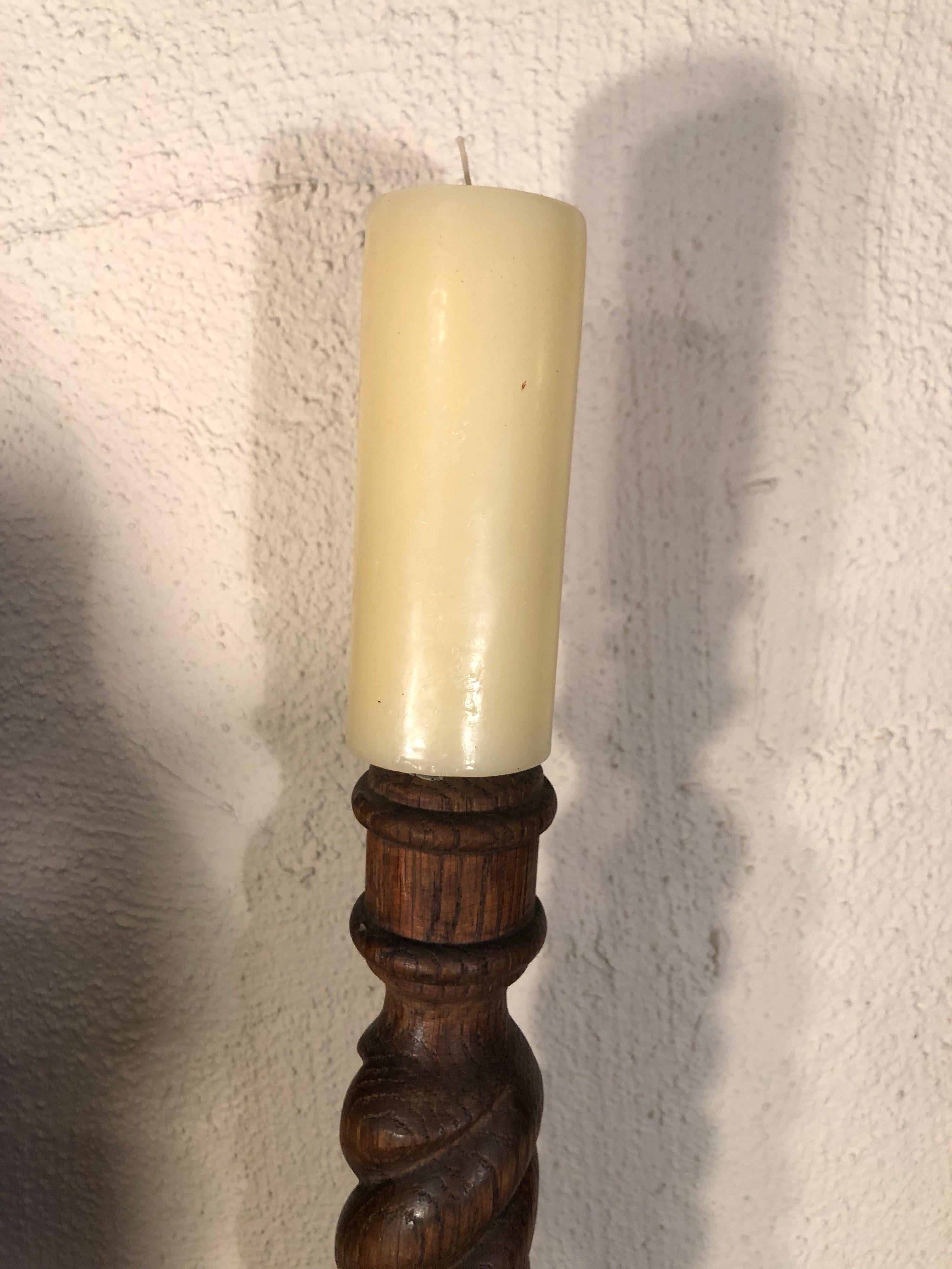Late 19th Century Carved Oak Barley Twist Candlestick