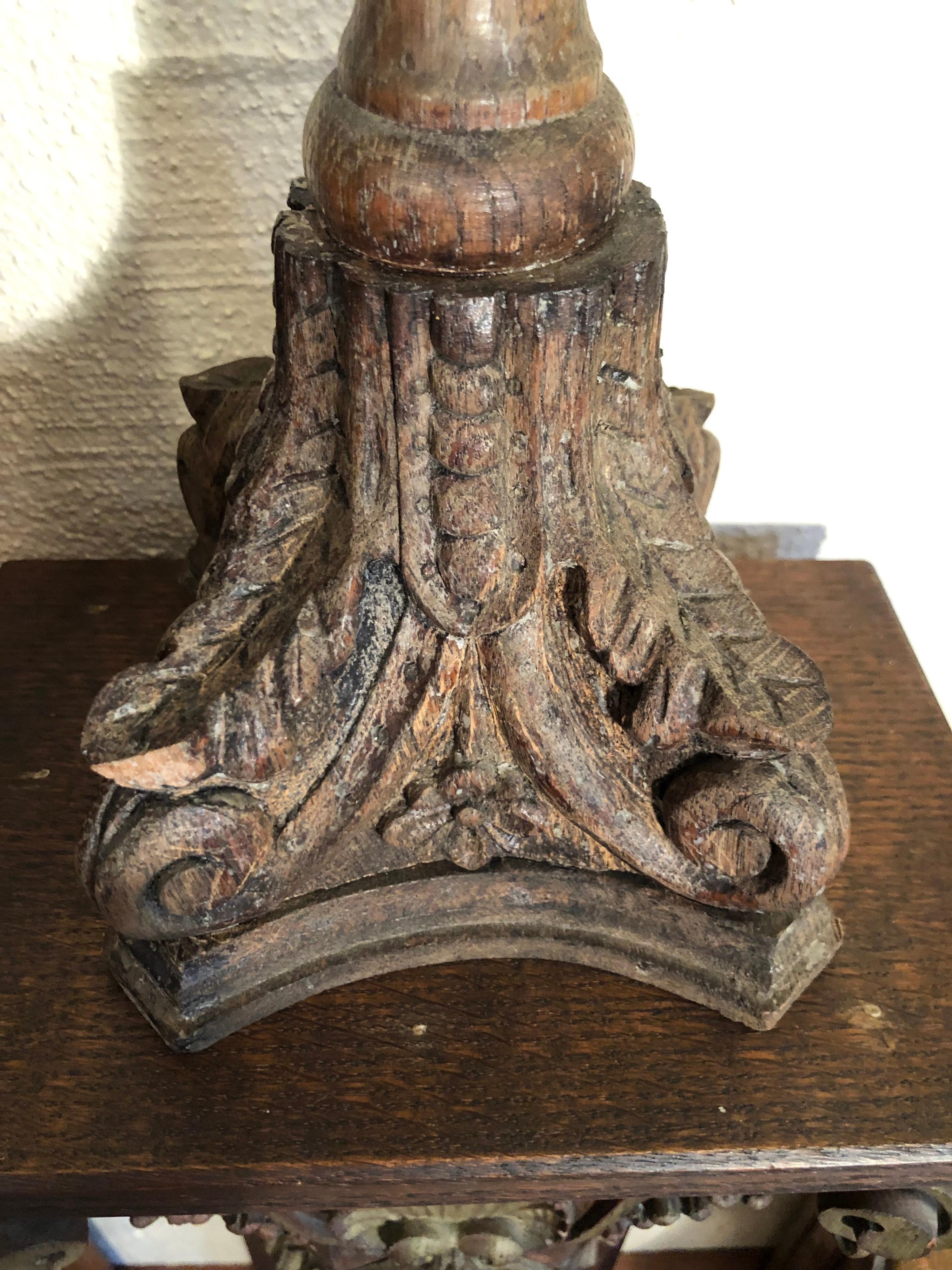 Sold-Carved Oak Barley Twist Candlestick For Sale 1