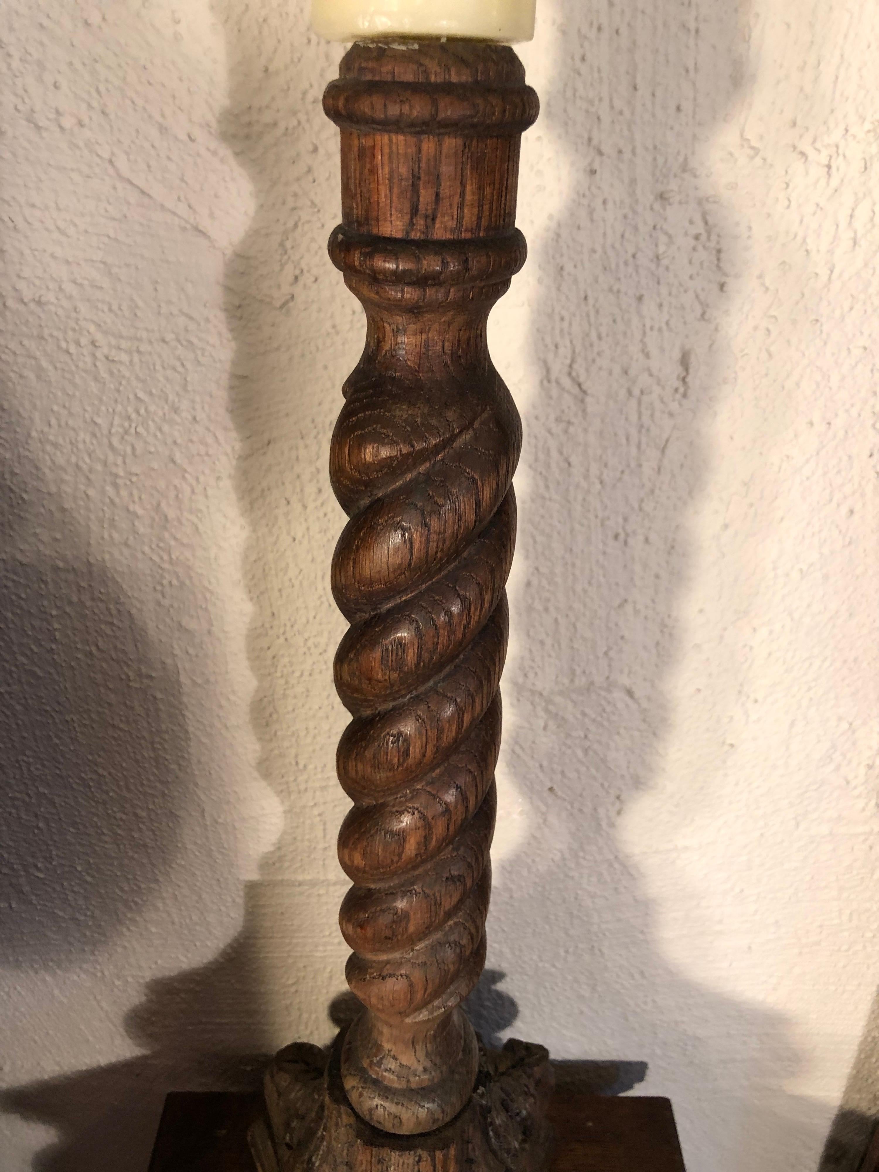 Sold-Carved Oak Barley Twist Candlestick For Sale 2