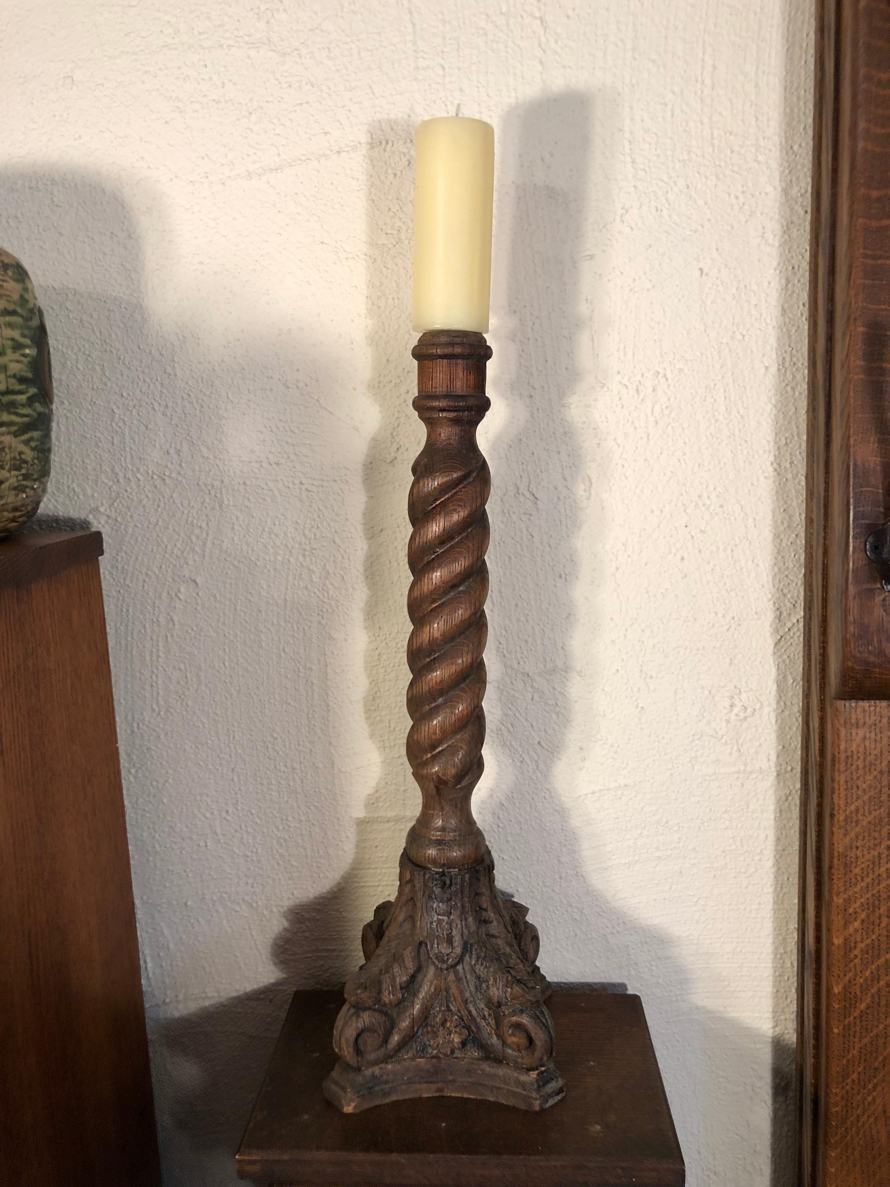 Sold-Carved Oak Barley Twist Candlestick For Sale 3