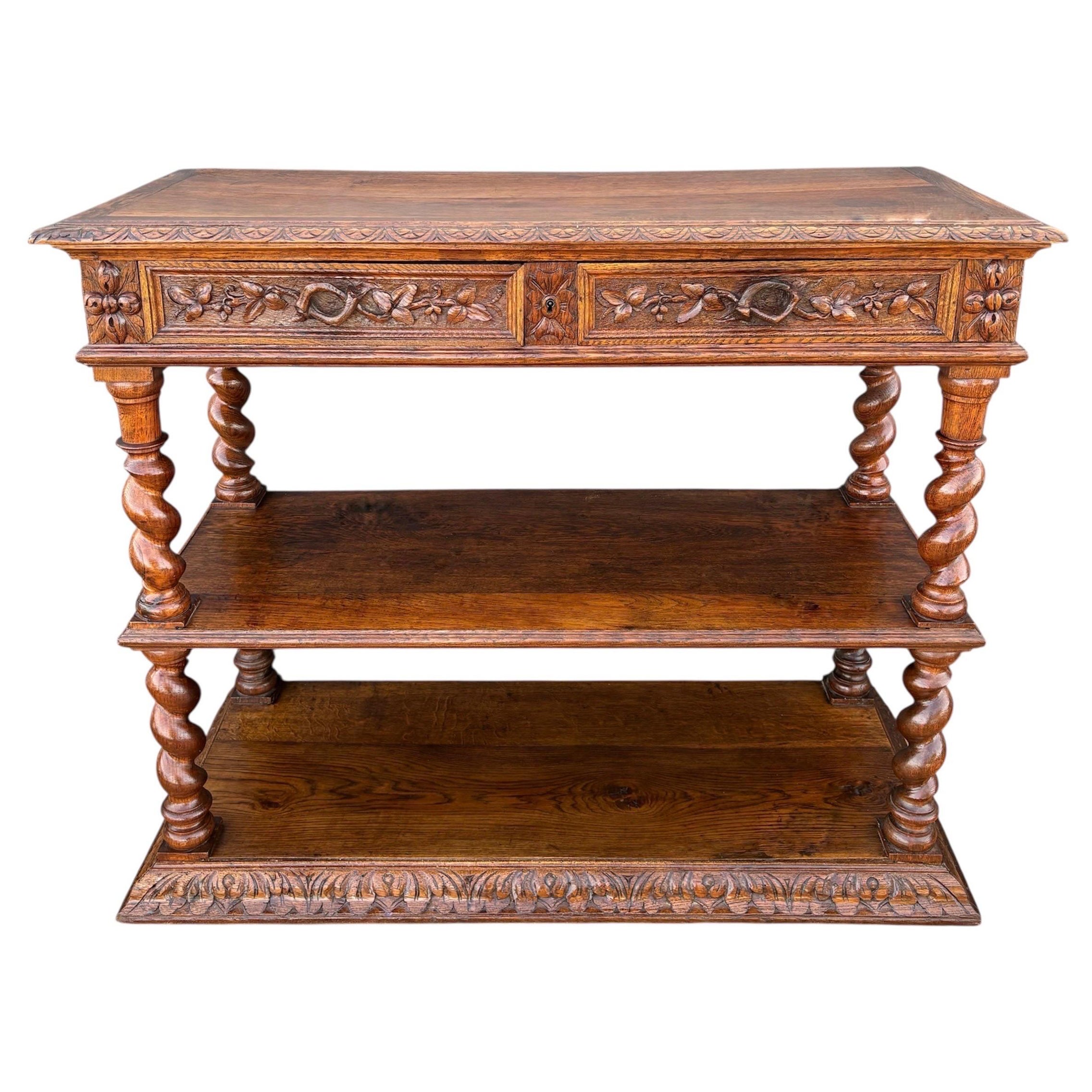 Carved Oak Barley Twist Console Table with Shelves, 1890s