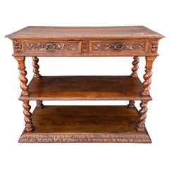 Antique Carved Oak Barley Twist Console Table with Shelves, 1890s