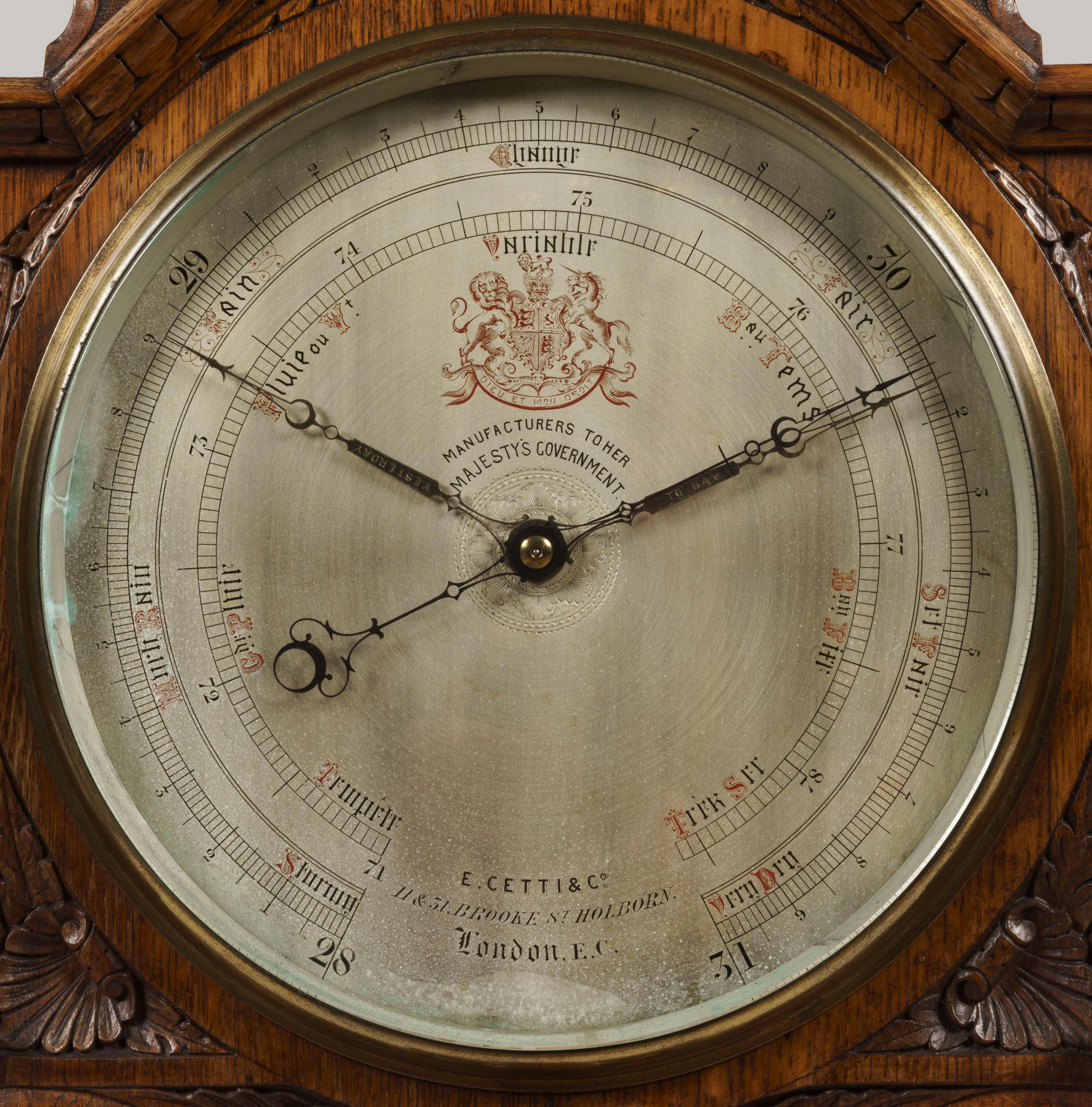 Barometer aus geschnitzter Eiche von Cetti in der Brook Street, London (Spätviktorianisch) im Angebot