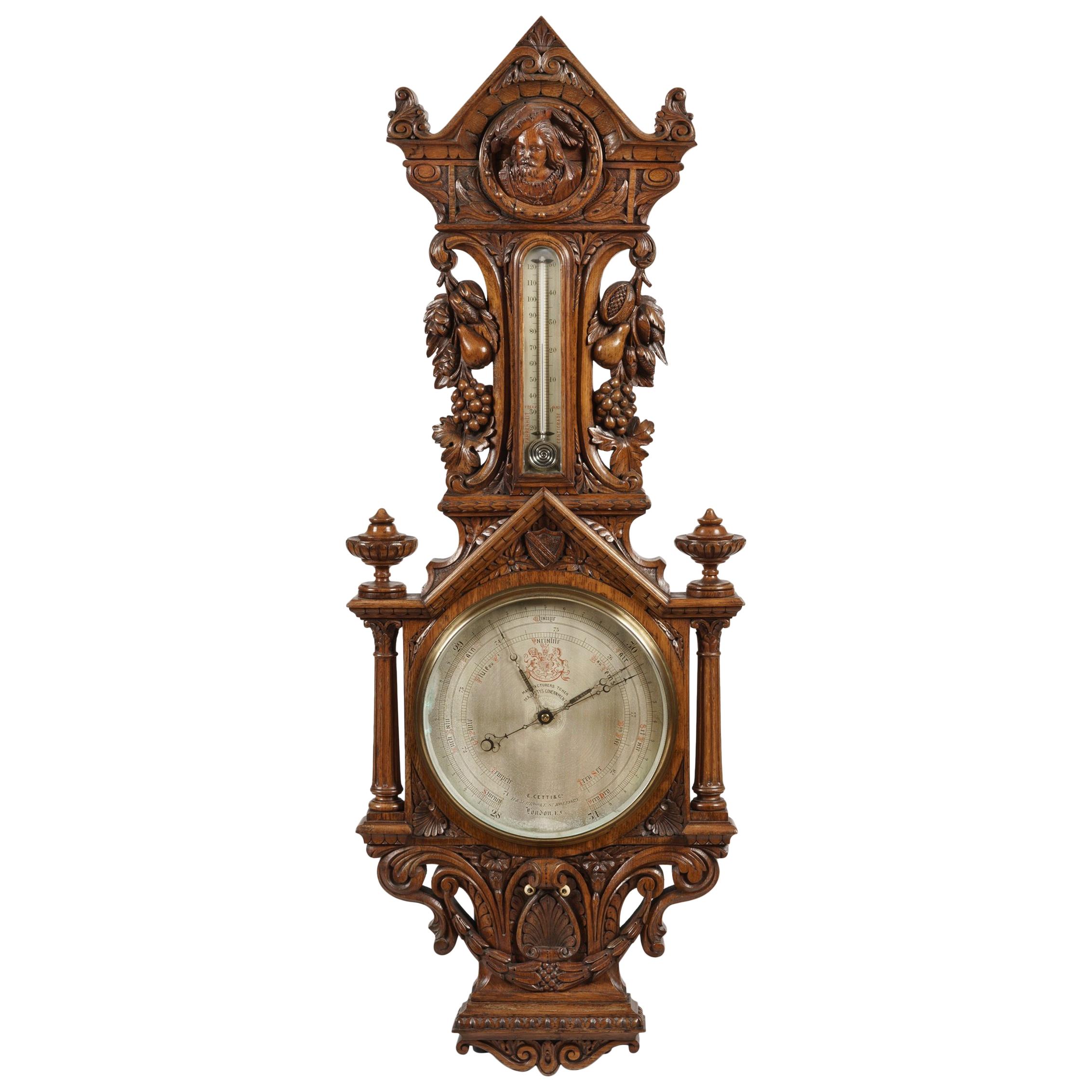 Carved Oak Barometer by Cetti of Brook Street, London