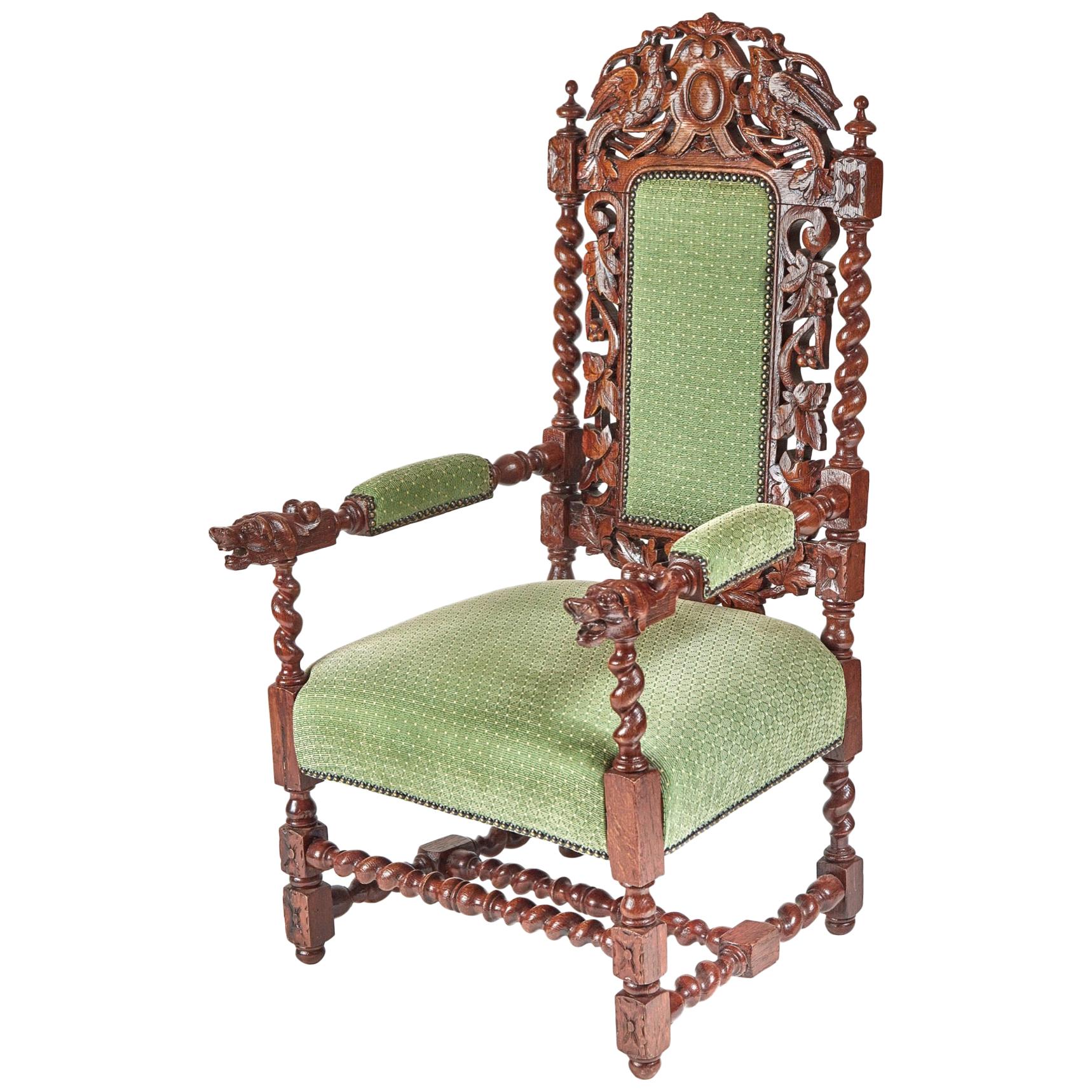 Carved Oak Baronial Throne Chair For Sale