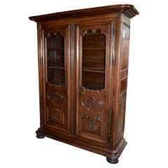 Carved Oak Belgian Bookcase with Glass Doors, circa 1890