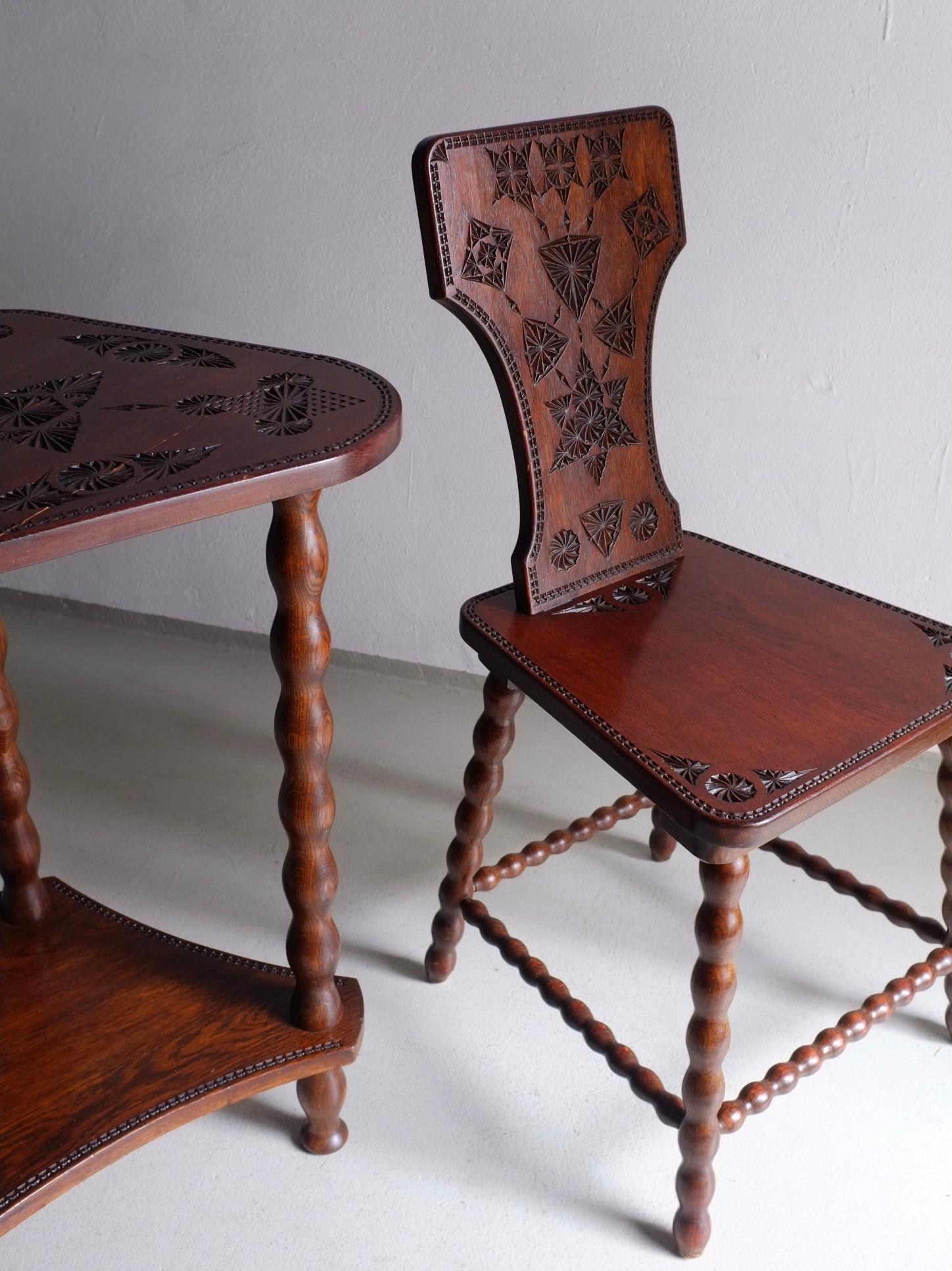 Swedish Carved Oak Bobbin Chair Table Set, Sweden, 1960s For Sale