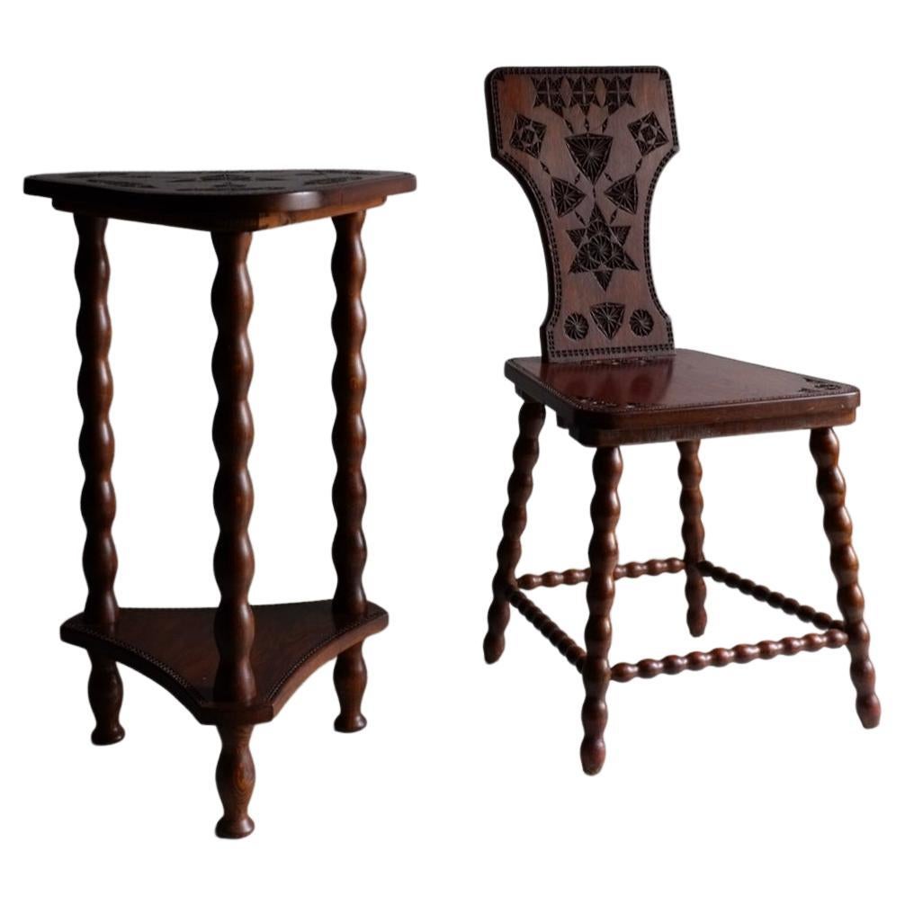 Carved Oak Bobbin Chair Table Set, Sweden, 1960s For Sale