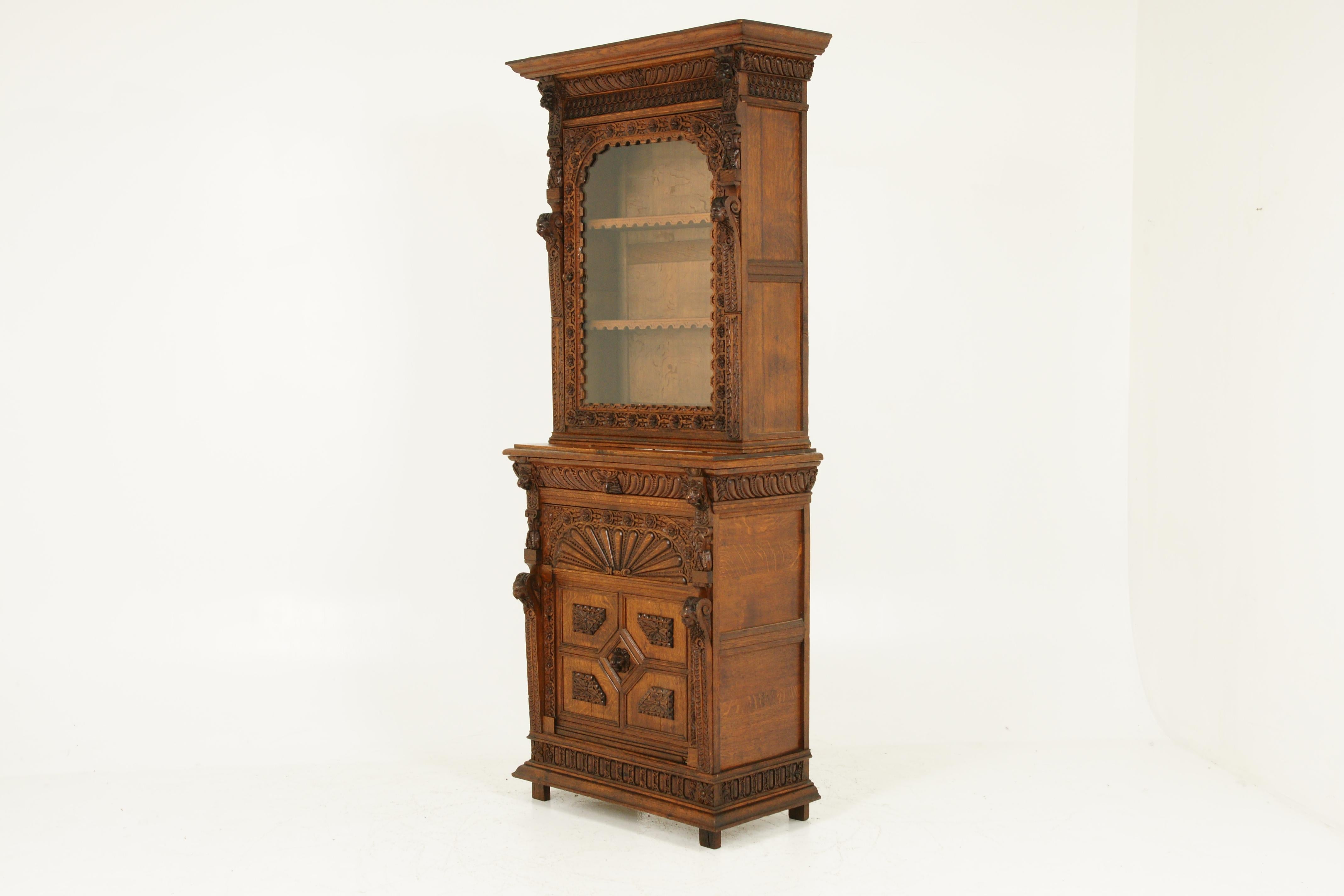 Antique Oak Bookcase, Display Cabinet, Gothic, 