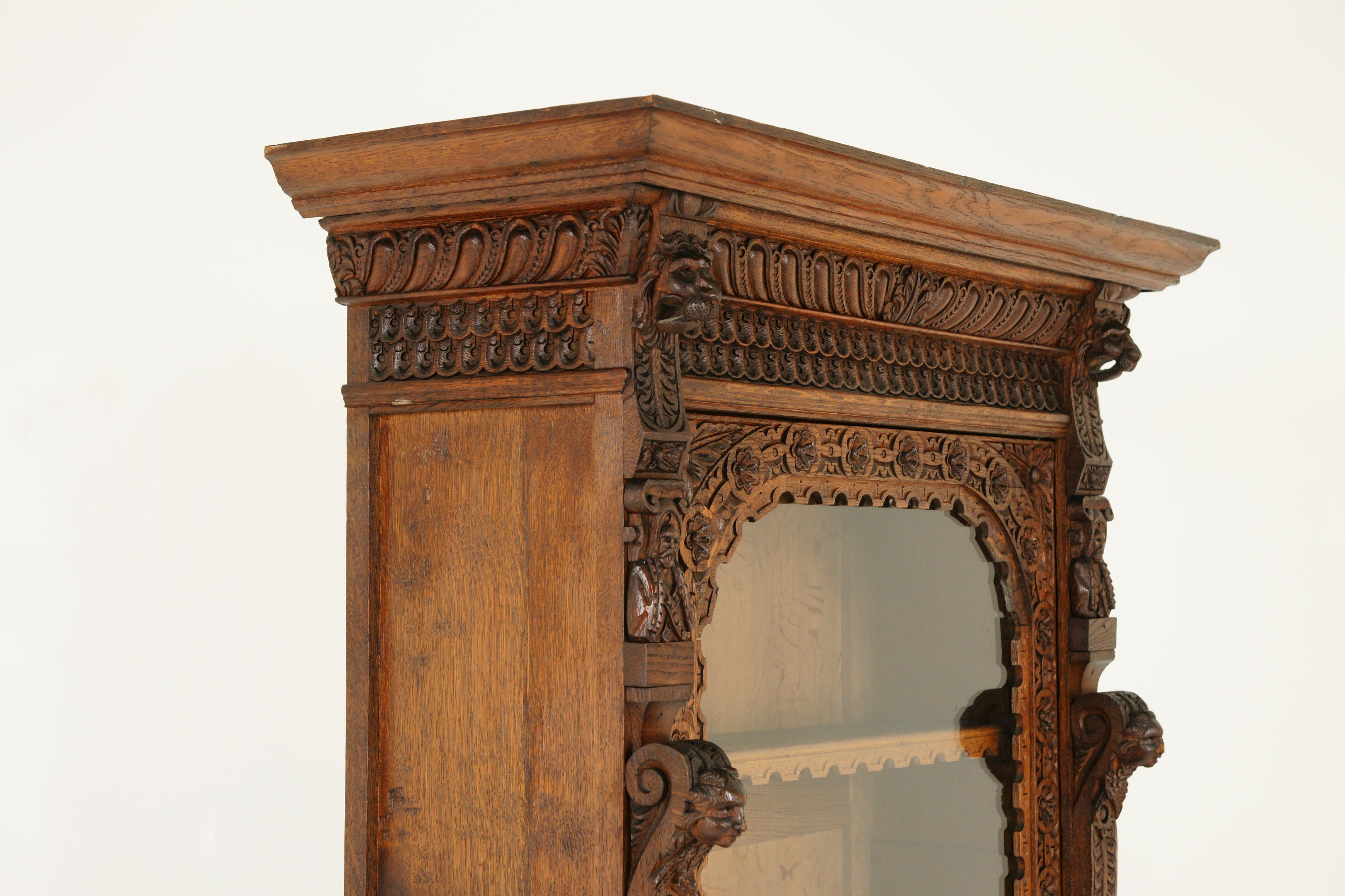 Carved oak bookcase, display cabinet, Gothic, 