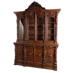 Carved Oak Bookcase Display Cabinet With Adjustable Shelves, Belgium circa 1890