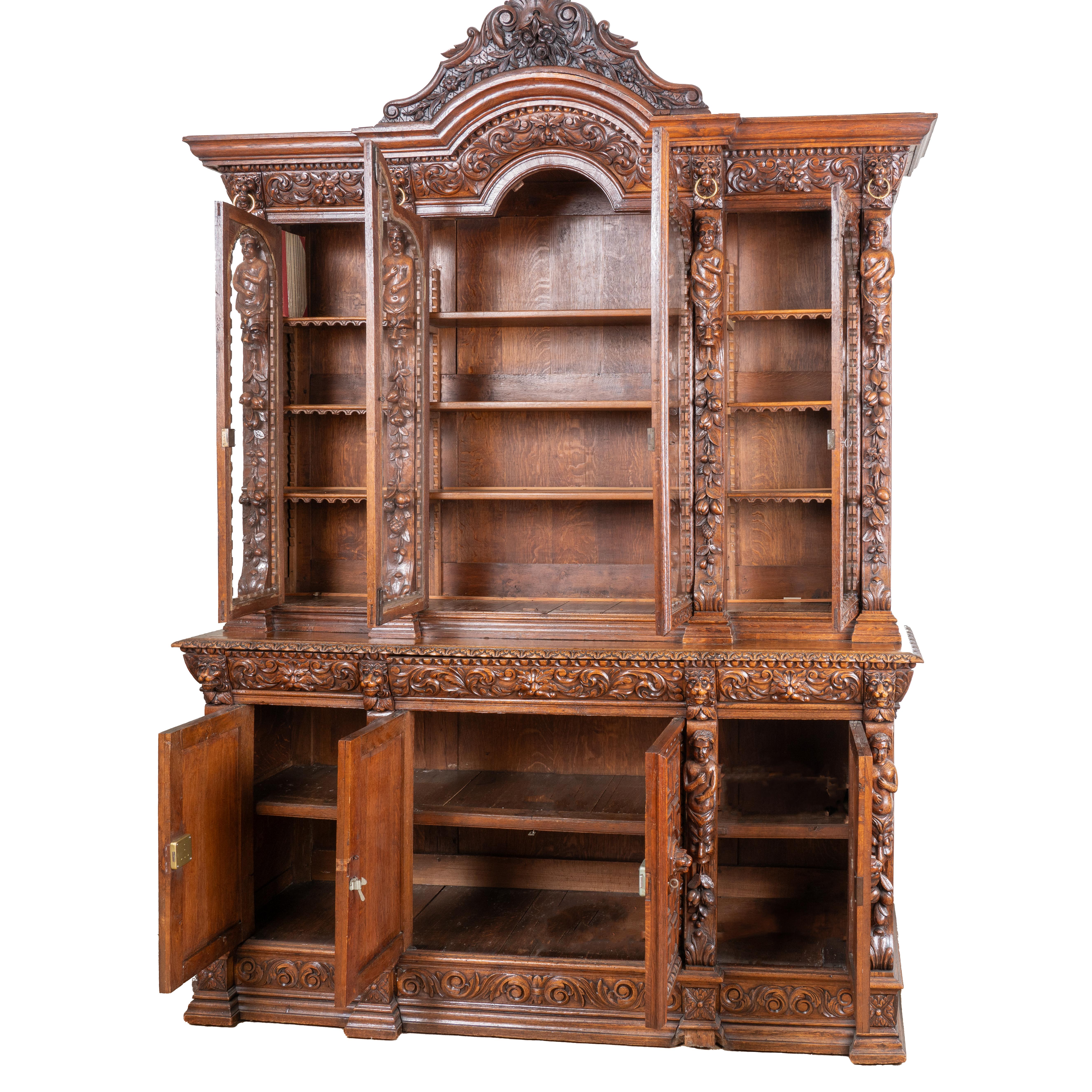 Black Forest Carved Oak Bookcase Display Cabinet With Adjustable Shelves, Belgium circa 1890