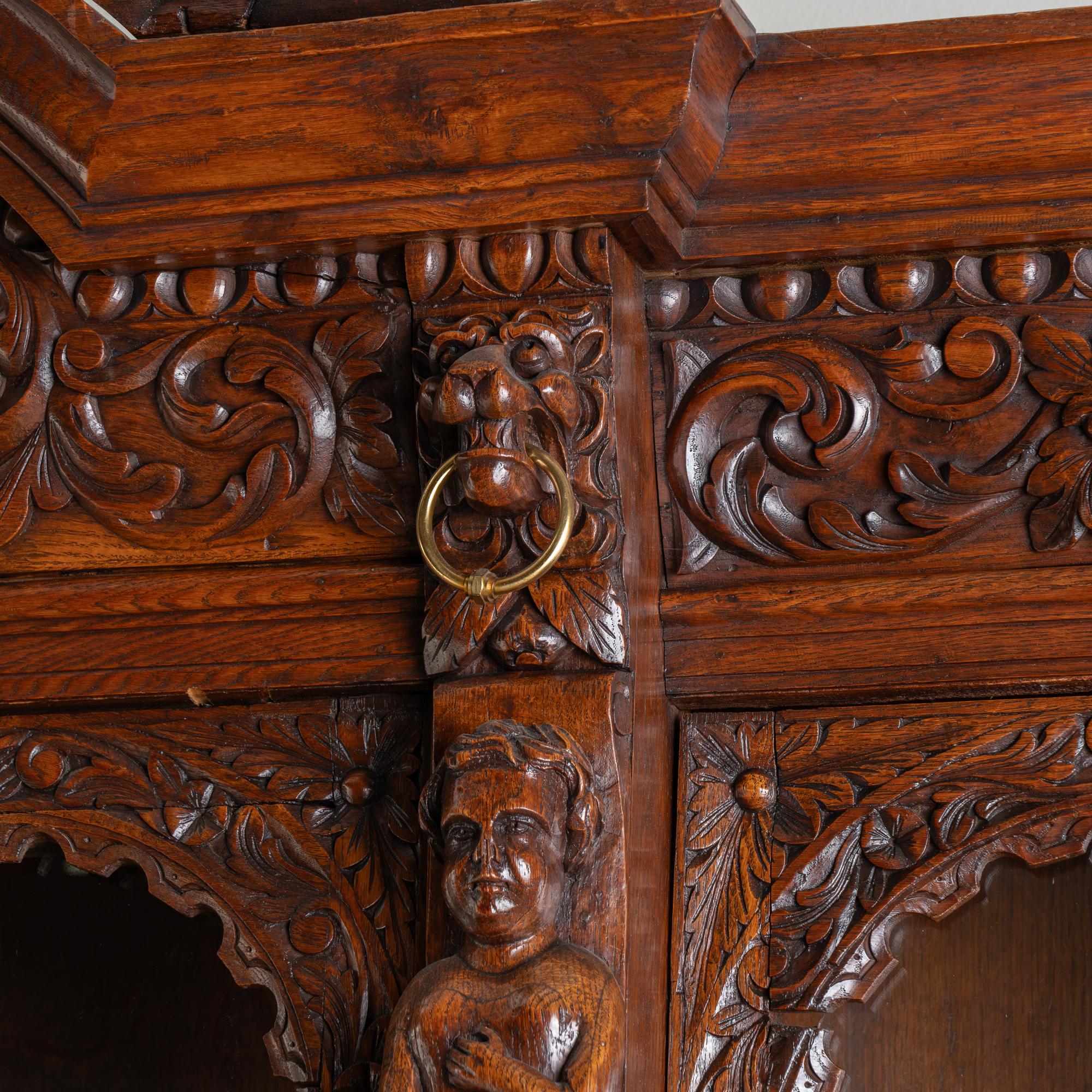 19th Century Carved Oak Bookcase Display Cabinet With Adjustable Shelves, Belgium circa 1890