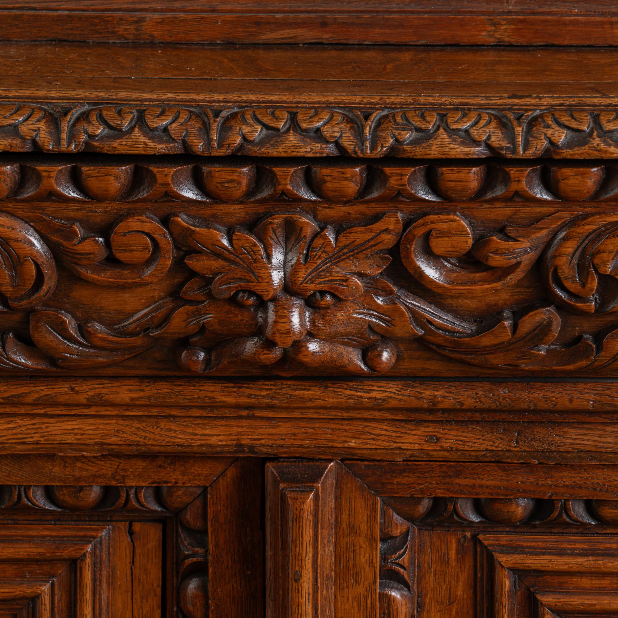 Glass Carved Oak Bookcase Display Cabinet With Adjustable Shelves, Belgium circa 1890