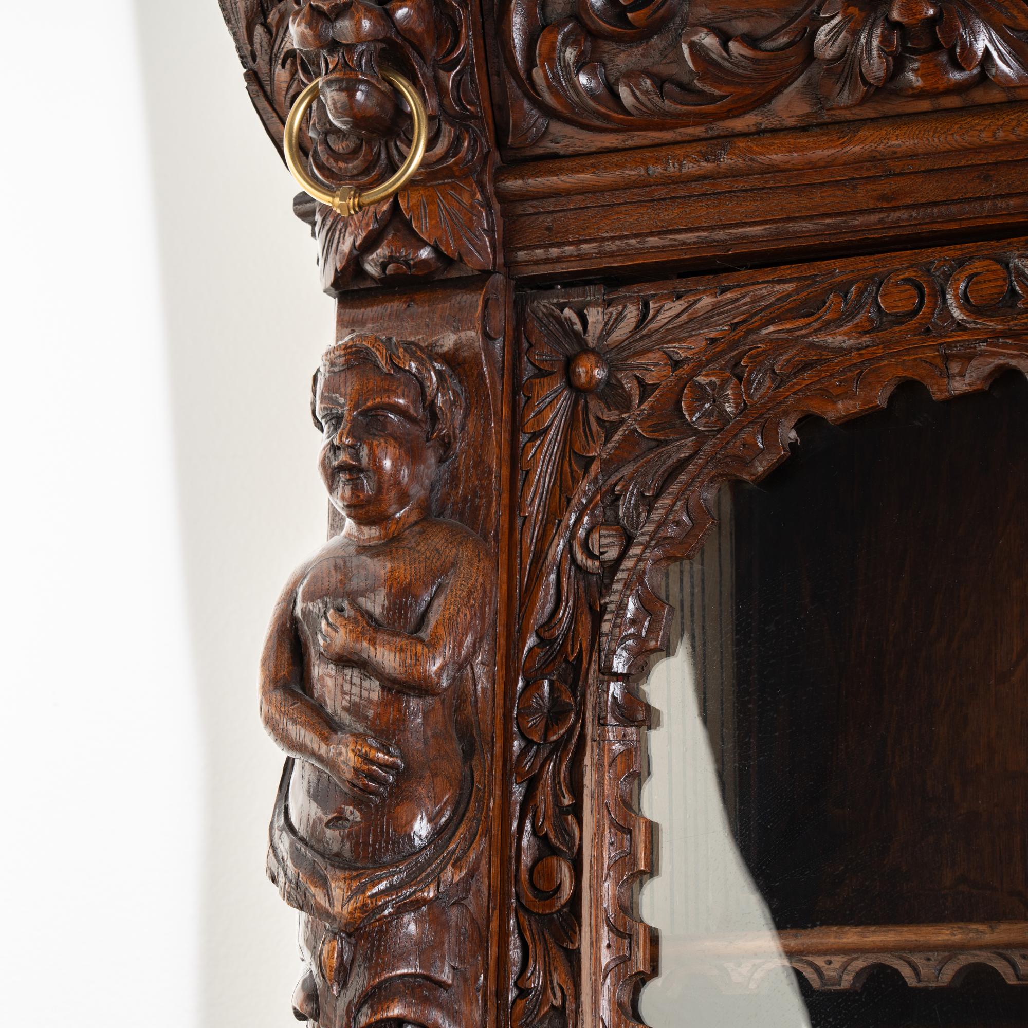 Carved Oak Bookcase Display Cabinet With Adjustable Shelves, Belgium circa 1890 2