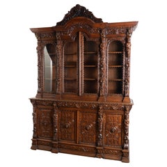 Carved Oak Bookcase Display Cabinet With Adjustable Shelves, Belgium circa 1890