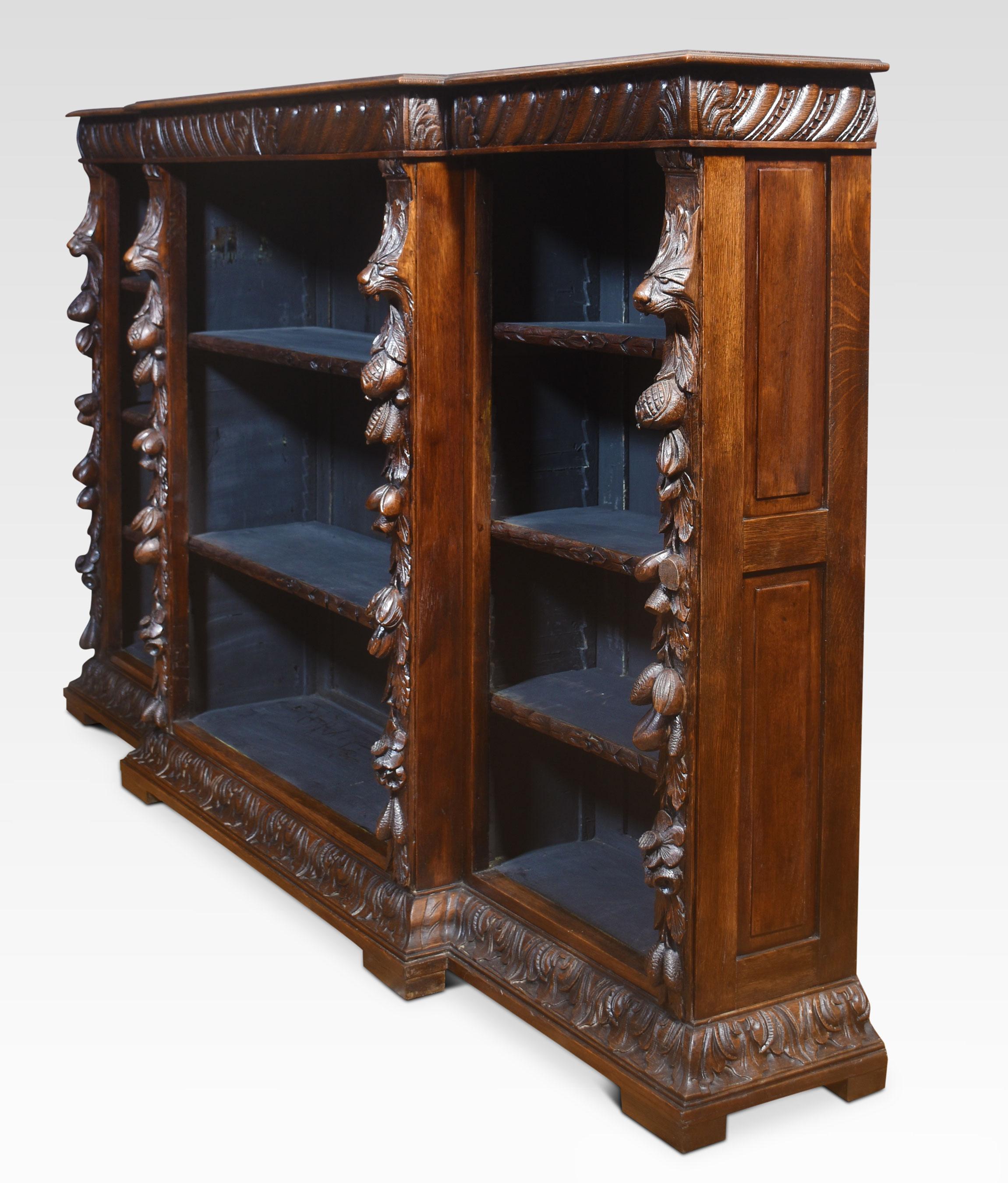 Carved oak breakfront open bookcase For Sale 6