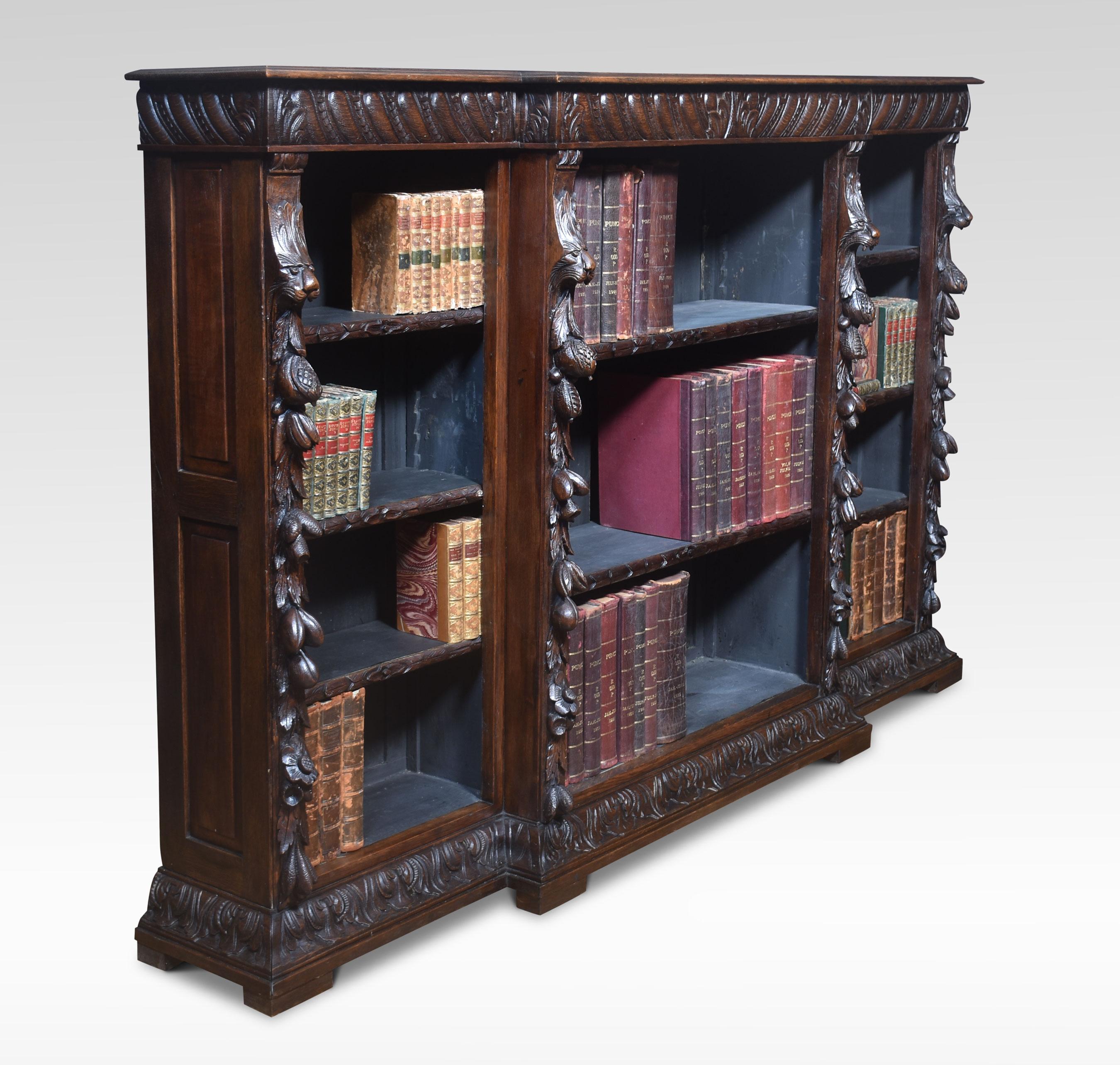 19th Century Carved oak breakfront open bookcase For Sale