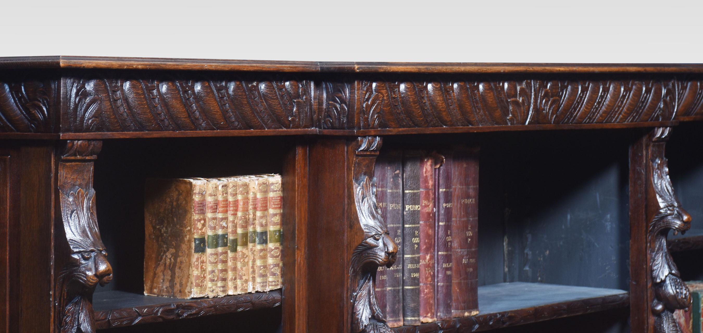 Carved oak breakfront open bookcase For Sale 2