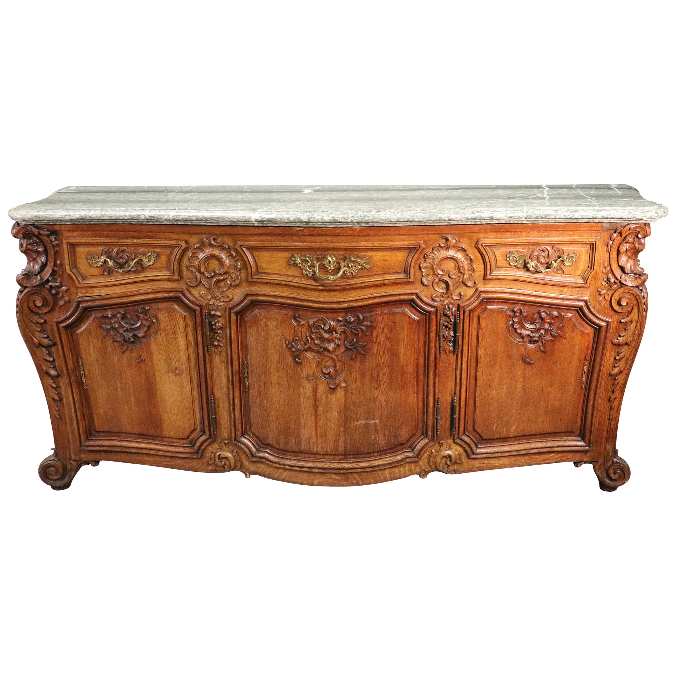 Carved Oak Bronze Mounted Marble-Top French Louis XV Sideboard Server Buffet