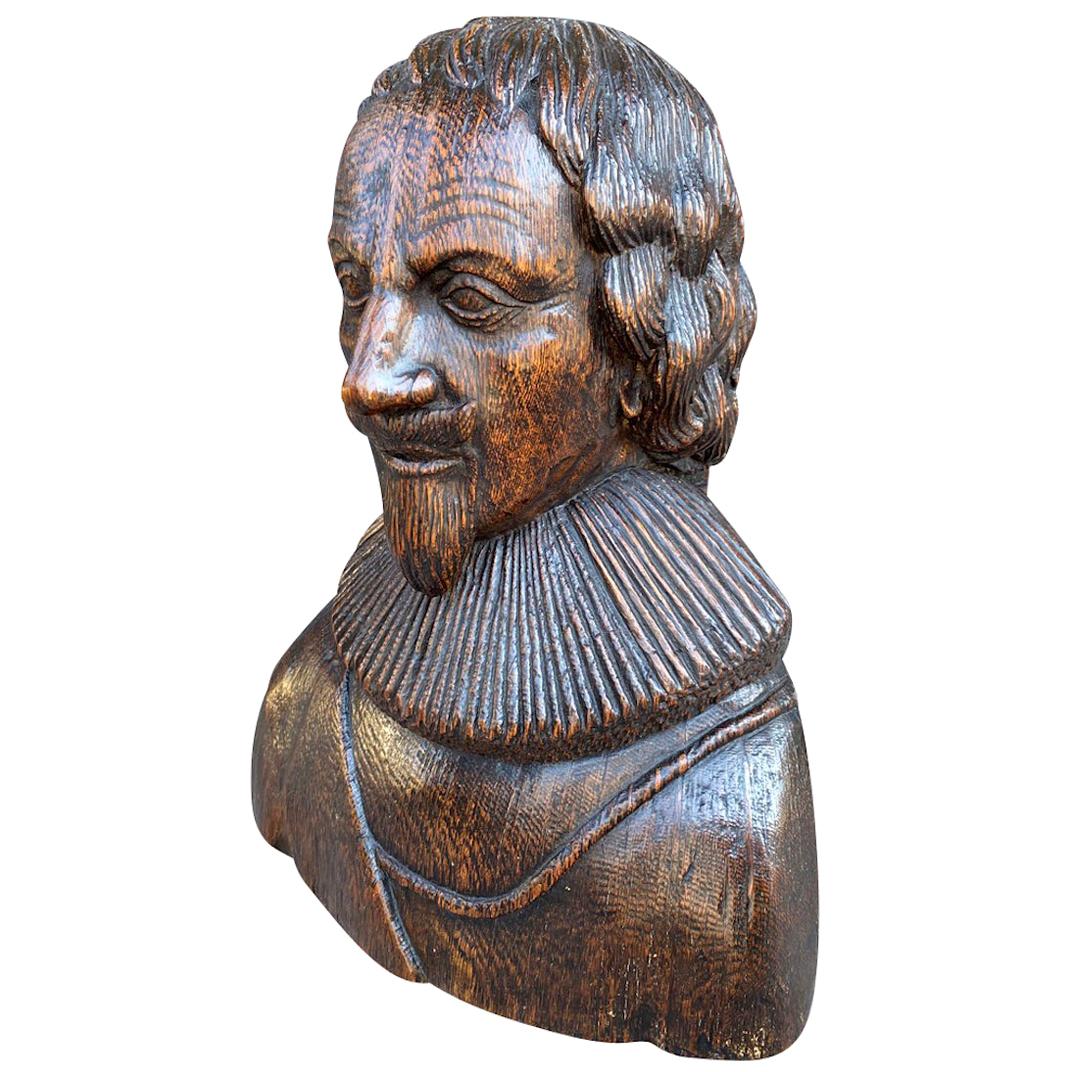 Carved Oak Bust of a Gentleman Possibly Charles I