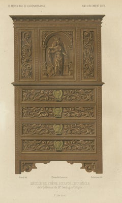 Carved Oak Cabinet, Gerling Collection, Cologne, Antique Print, 1851