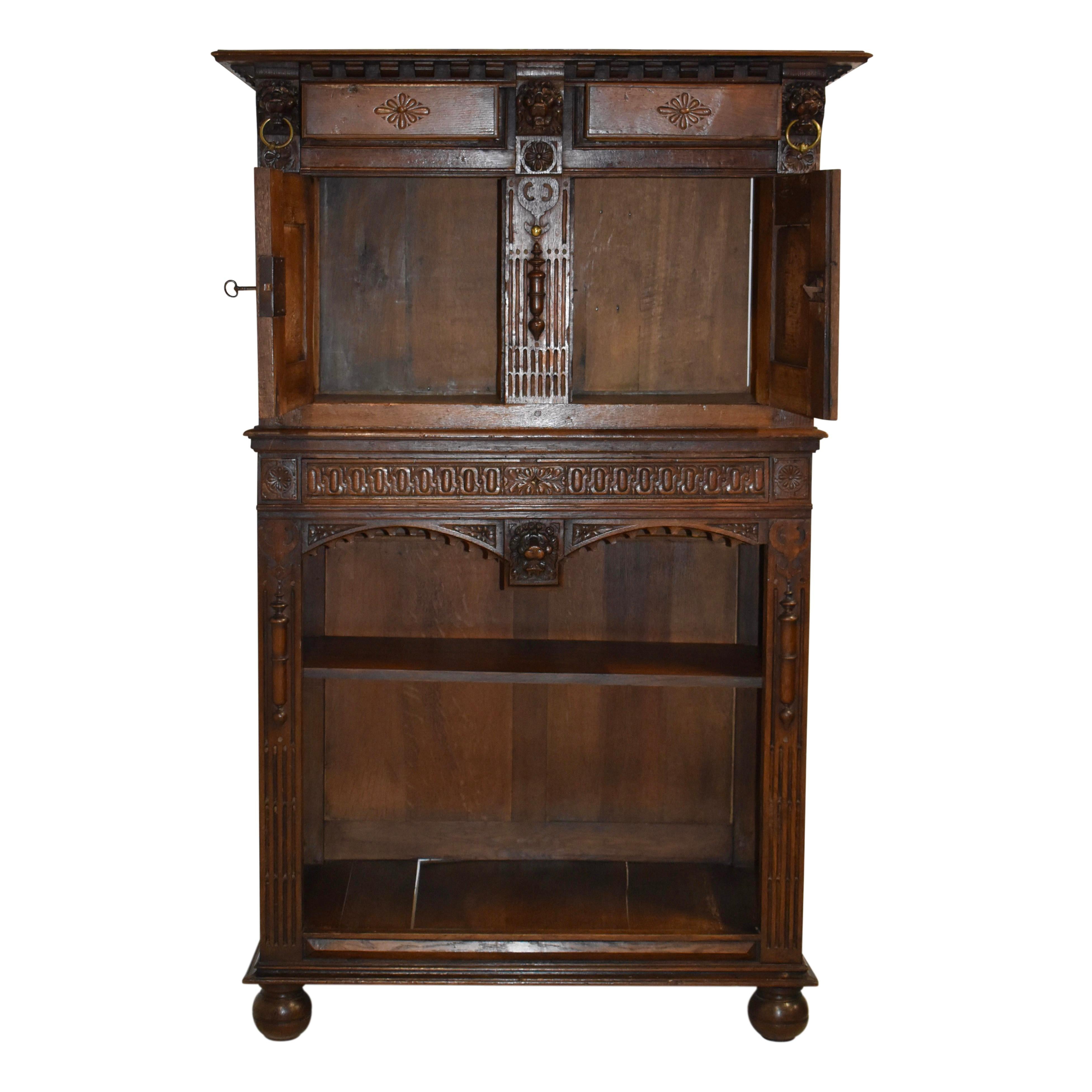 Renaissance Carved Oak Cabinet with Lion Mask Carvings, circa 1850 For Sale