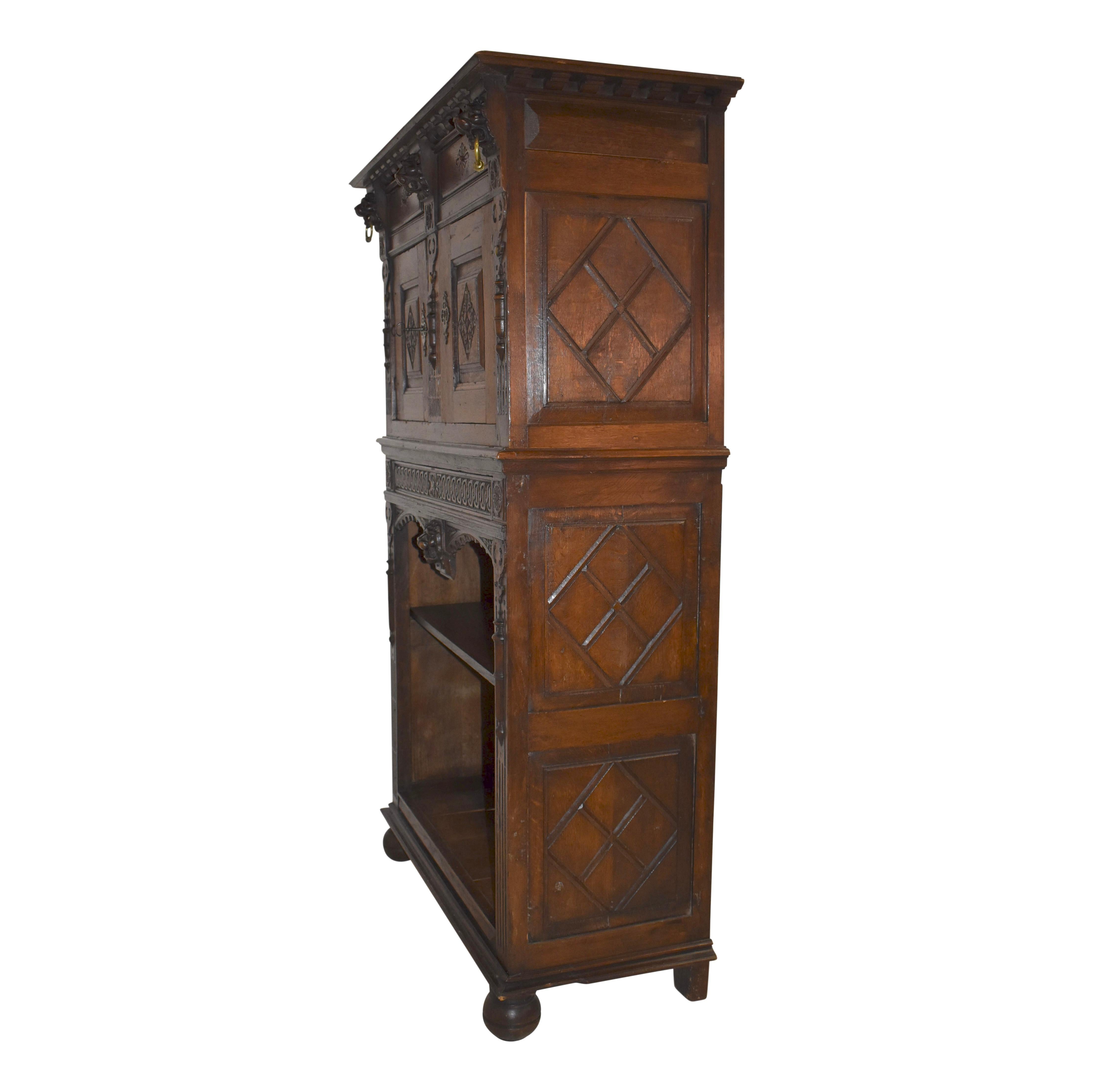 Belgian Carved Oak Cabinet with Lion Mask Carvings, circa 1850 For Sale
