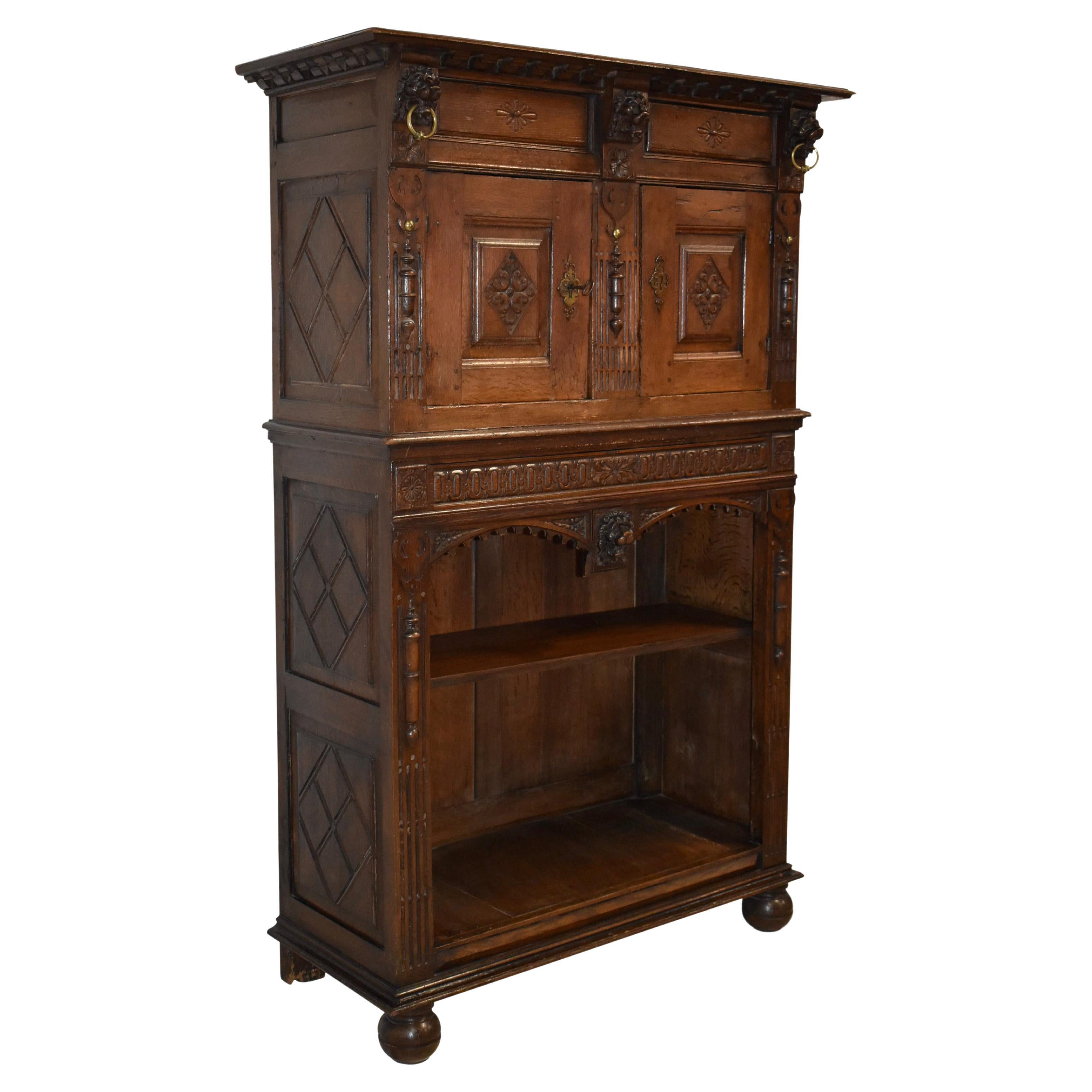 Carved Oak Cabinet with Lion Mask Carvings, circa 1850 For Sale