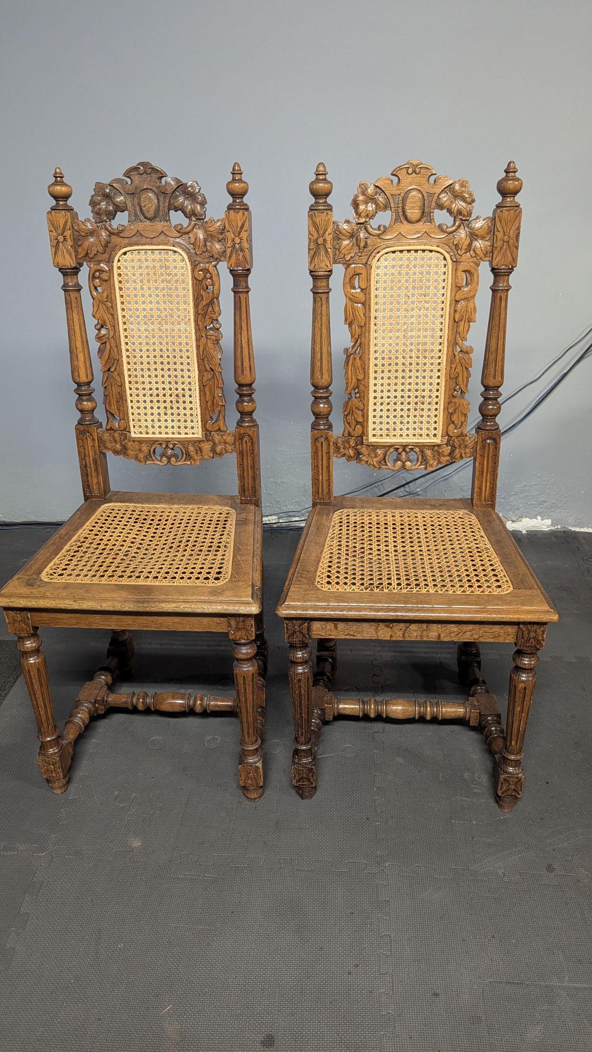 Stupendo set di 6 sedie vittoriane in legno di quercia intagliato provenienti dal Belgio, sedie in legno di quercia intagliato a foglie di quercia del 1880 con sedili e schienali in canna (i sedili potrebbero ospitare un pad decorativo per abbinarsi