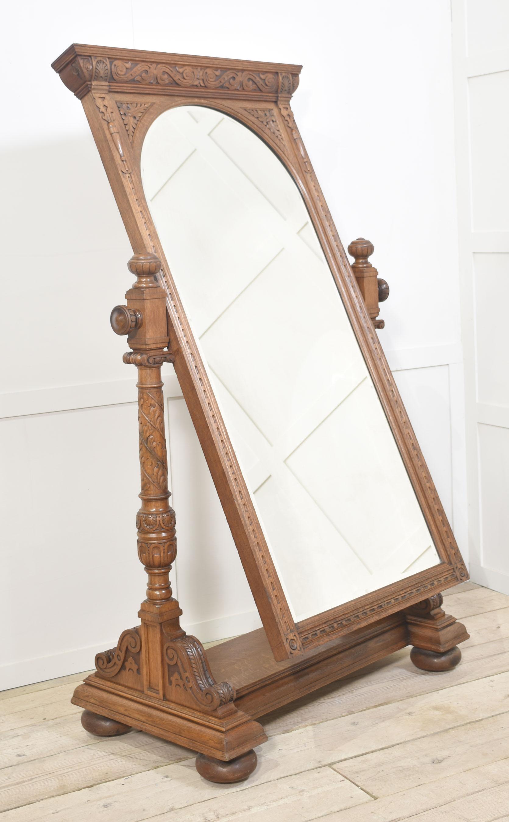 Carved oak cheval mirror For Sale 4