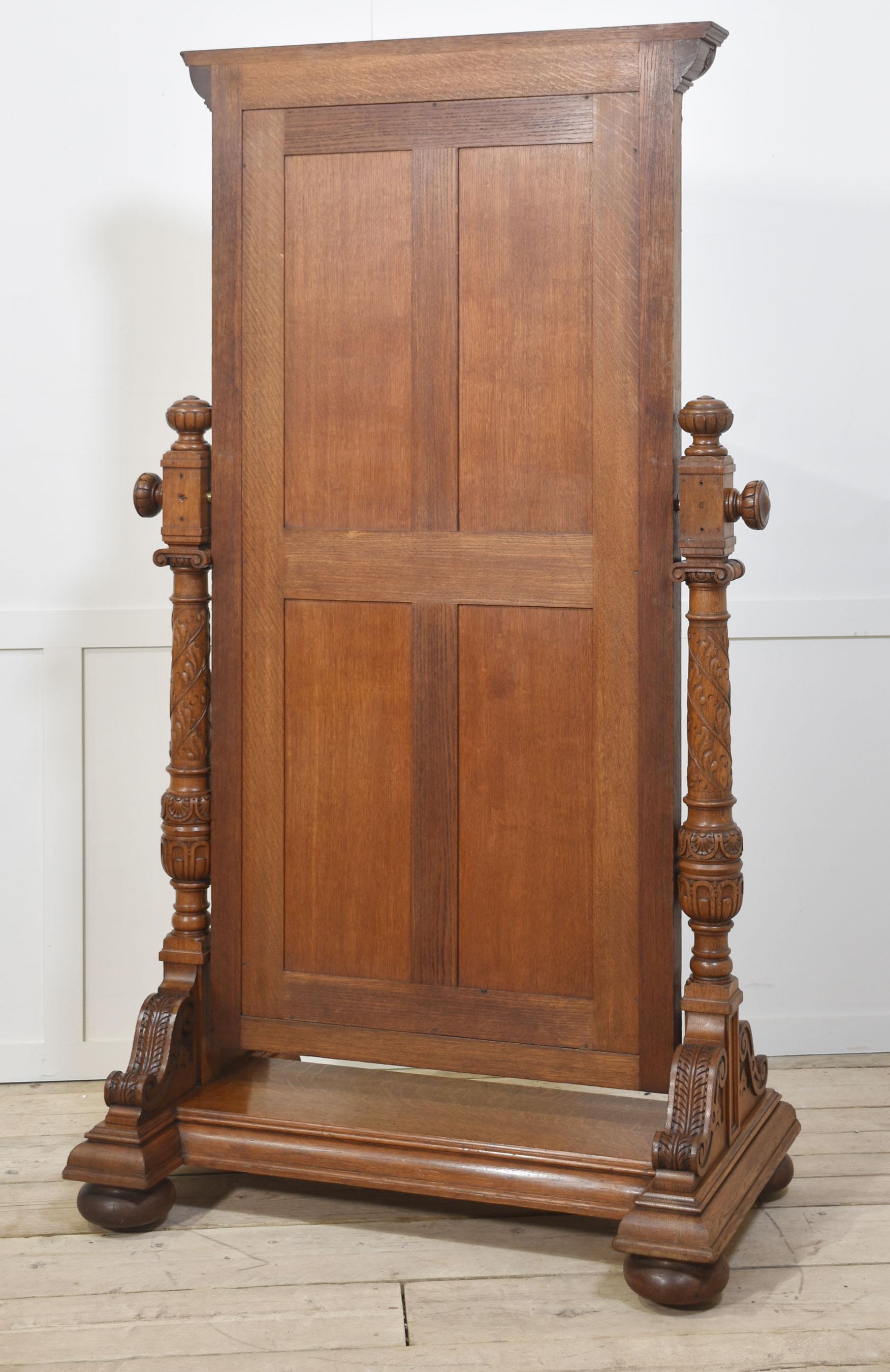Carved oak cheval mirror For Sale 7